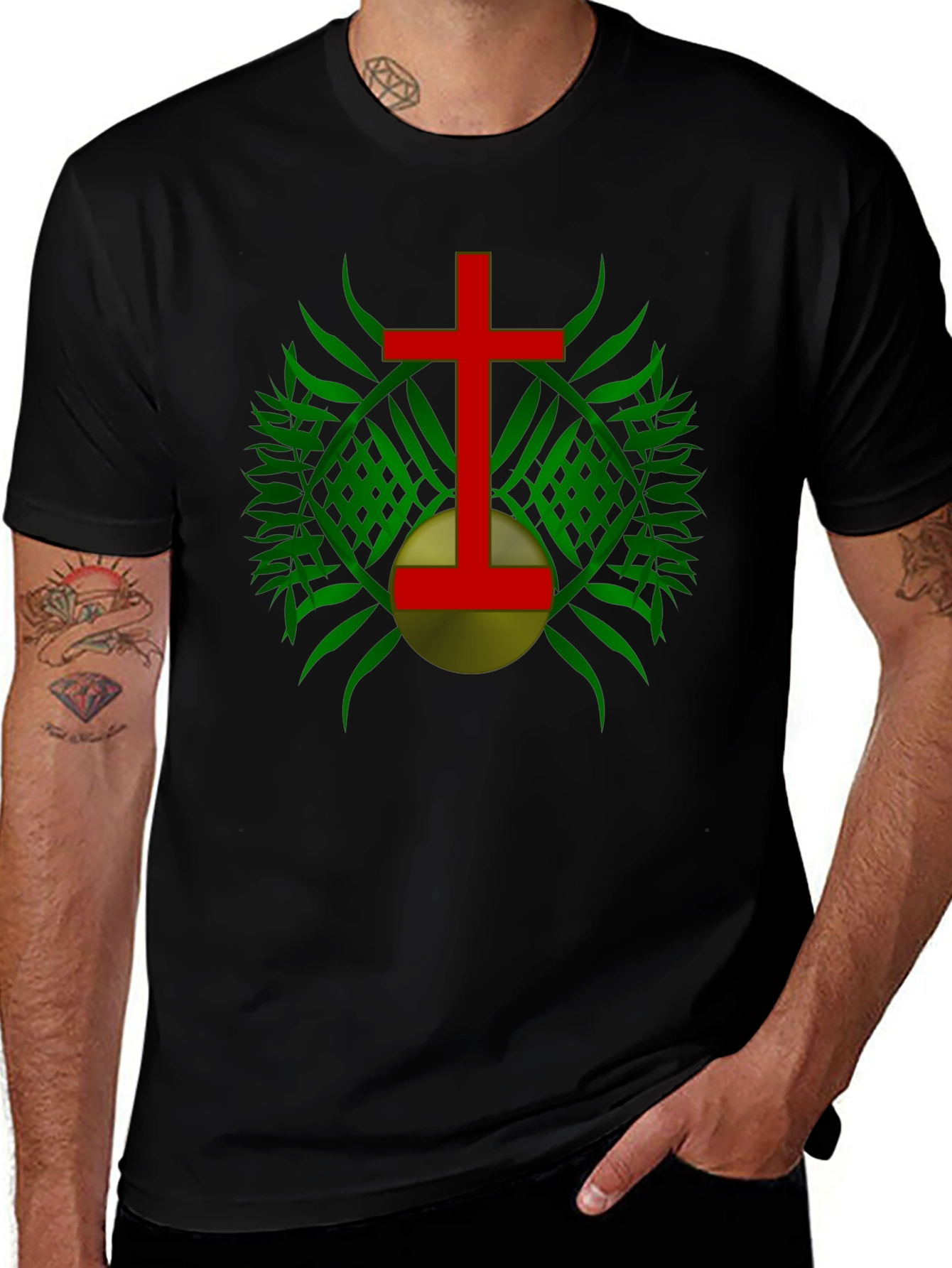 Red Cross & Green Leaf Graphic Print Black T-Shirt