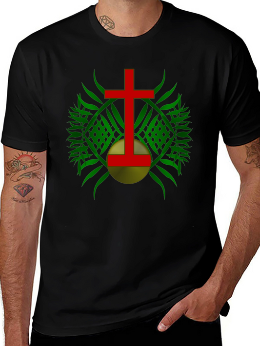 Red Cross & Green Leaf Graphic Print Black T-Shirt