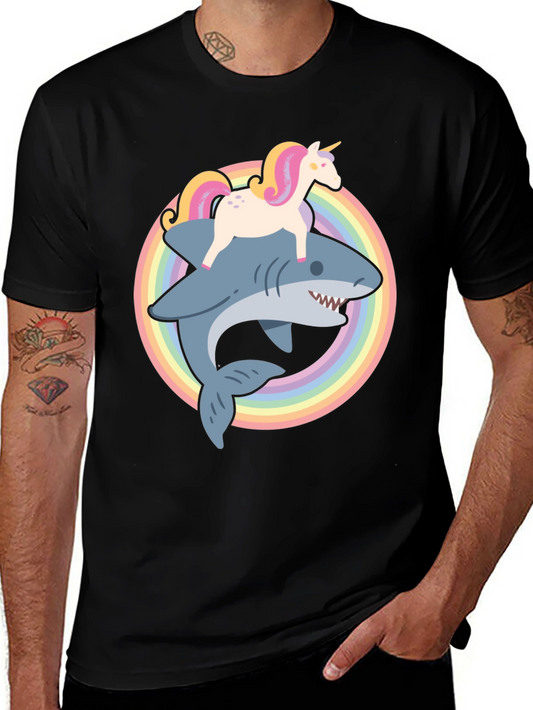 Unicorn Riding Shark T-Shirt Rainbow Funny Black Cotton Tee