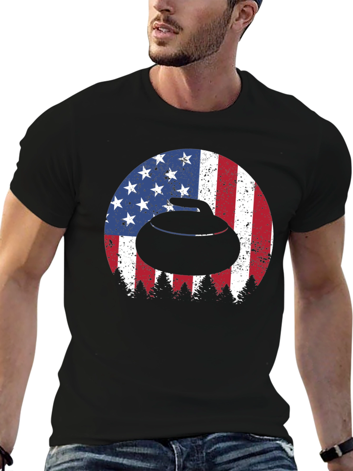 Curling Stone USA Flag Mens T-Shirt