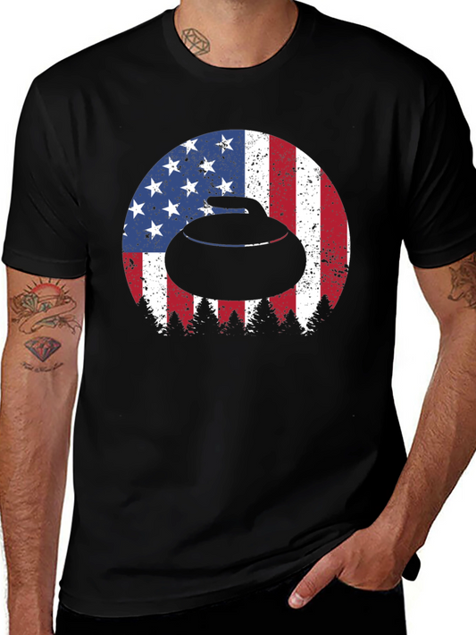 Curling Stone USA Flag Mens T-Shirt