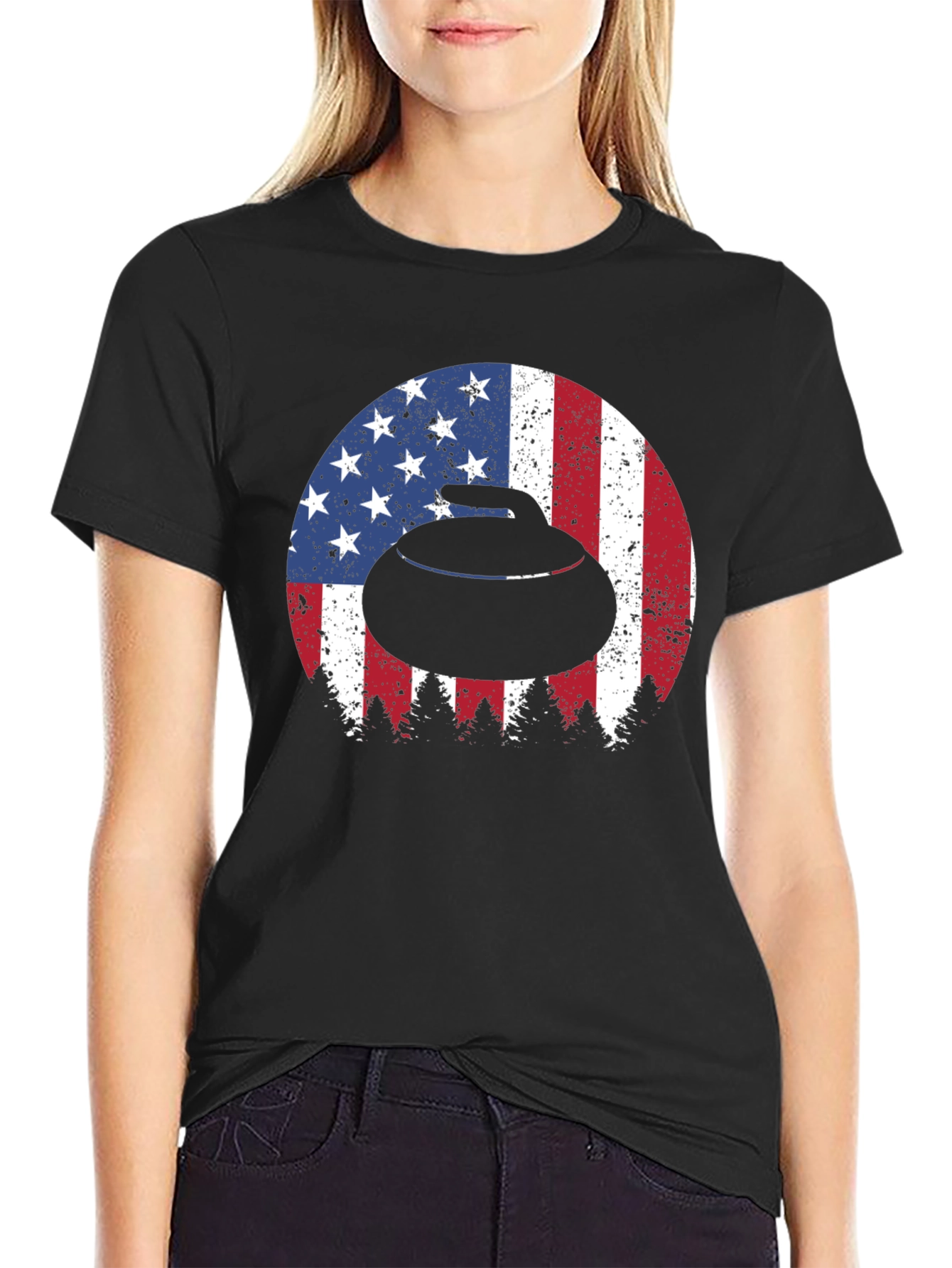 Curling Stone USA Flag Mens T-Shirt