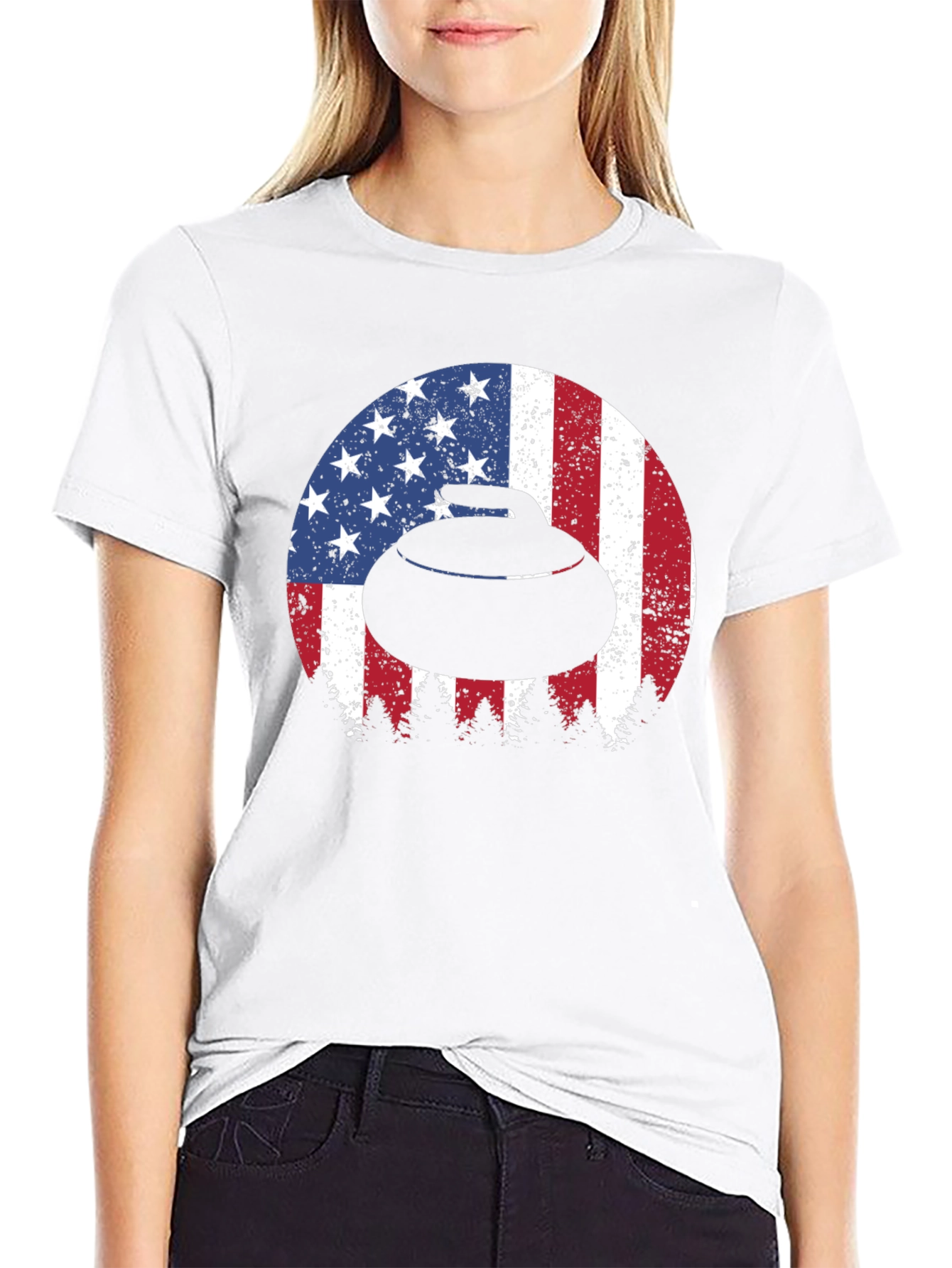 Curling Stone USA Flag Mens T-Shirt