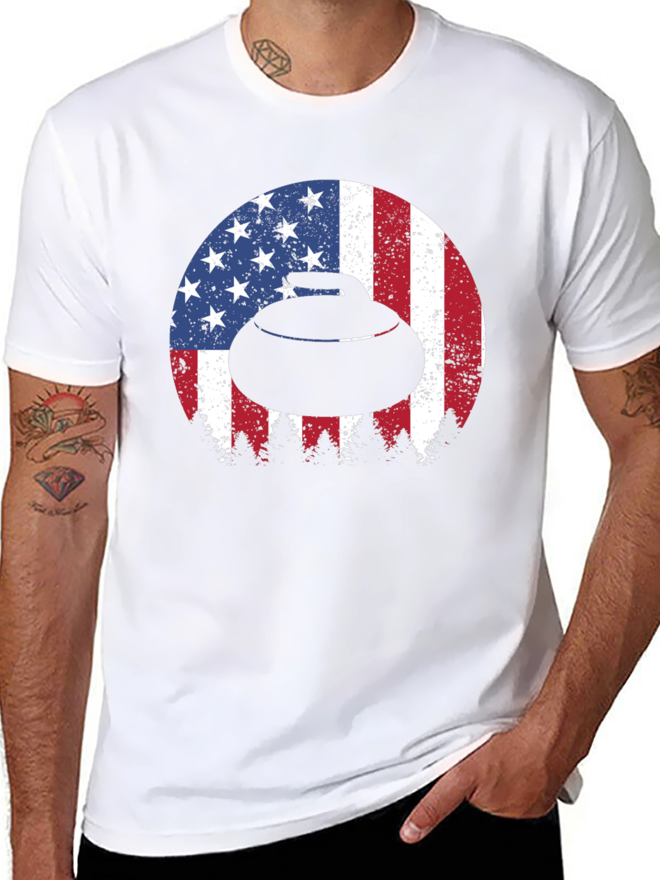 Curling Stone USA Flag Mens T-Shirt