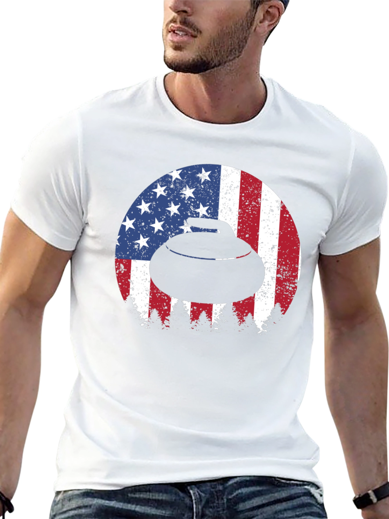 Curling Stone USA Flag Mens T-Shirt