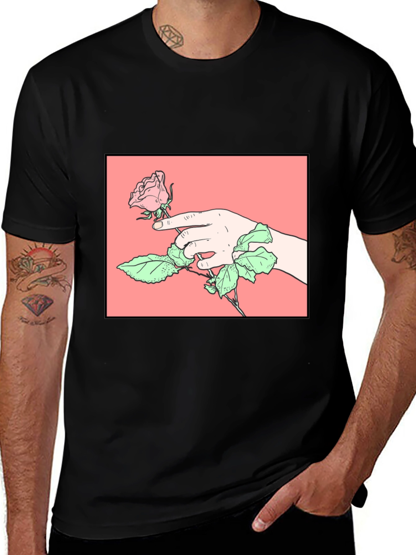 Rose Hand Graphic Tee - Stylish Black Cotton T-Shirt