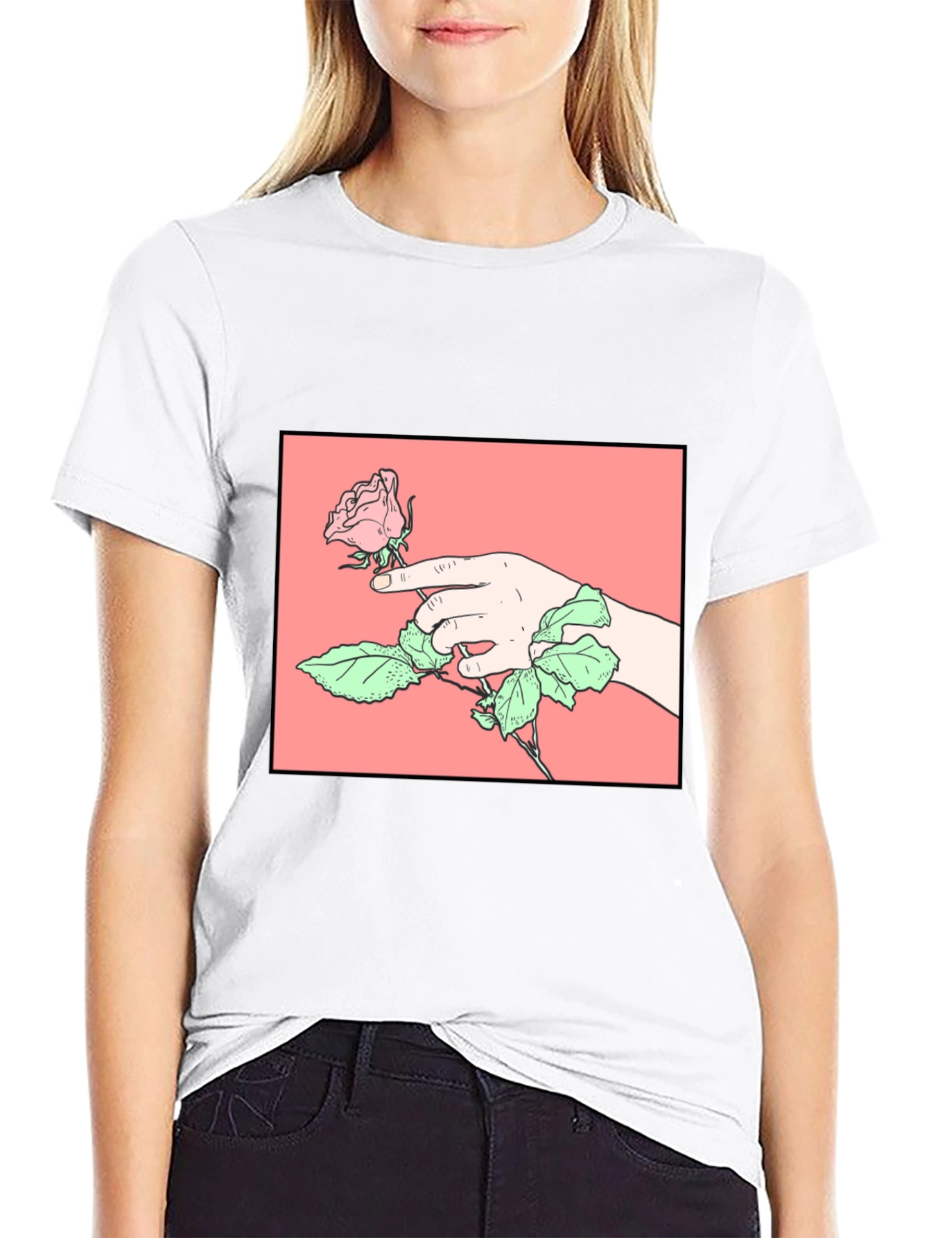 Rose Hand Graphic Tee - Stylish Black Cotton T-Shirt