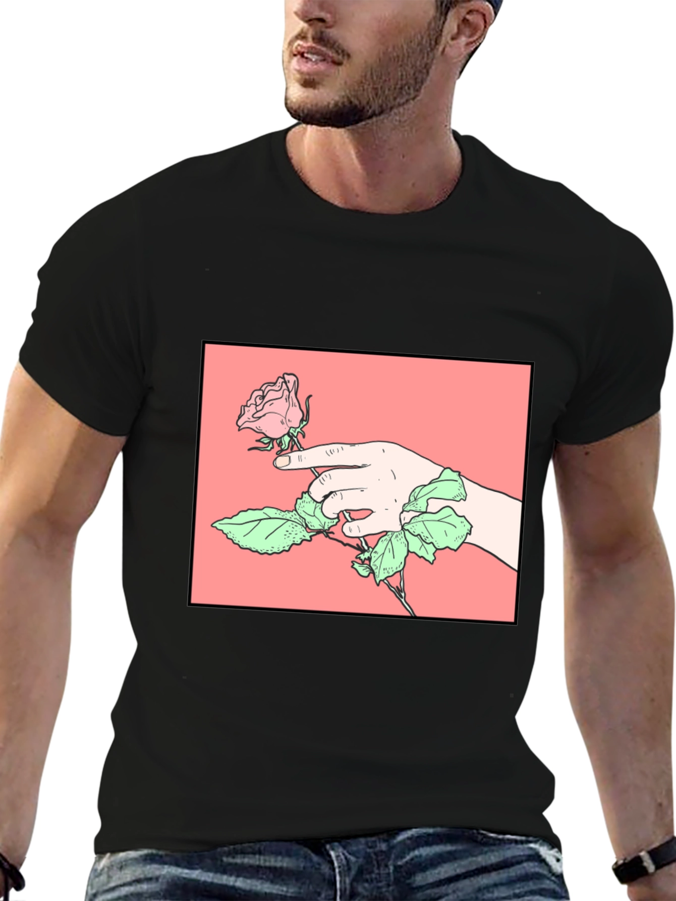 Rose Hand Graphic Tee - Stylish Black Cotton T-Shirt