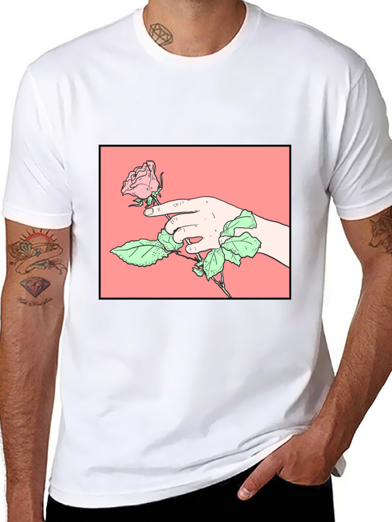 Rose Hand Graphic Tee - Stylish Black Cotton T-Shirt