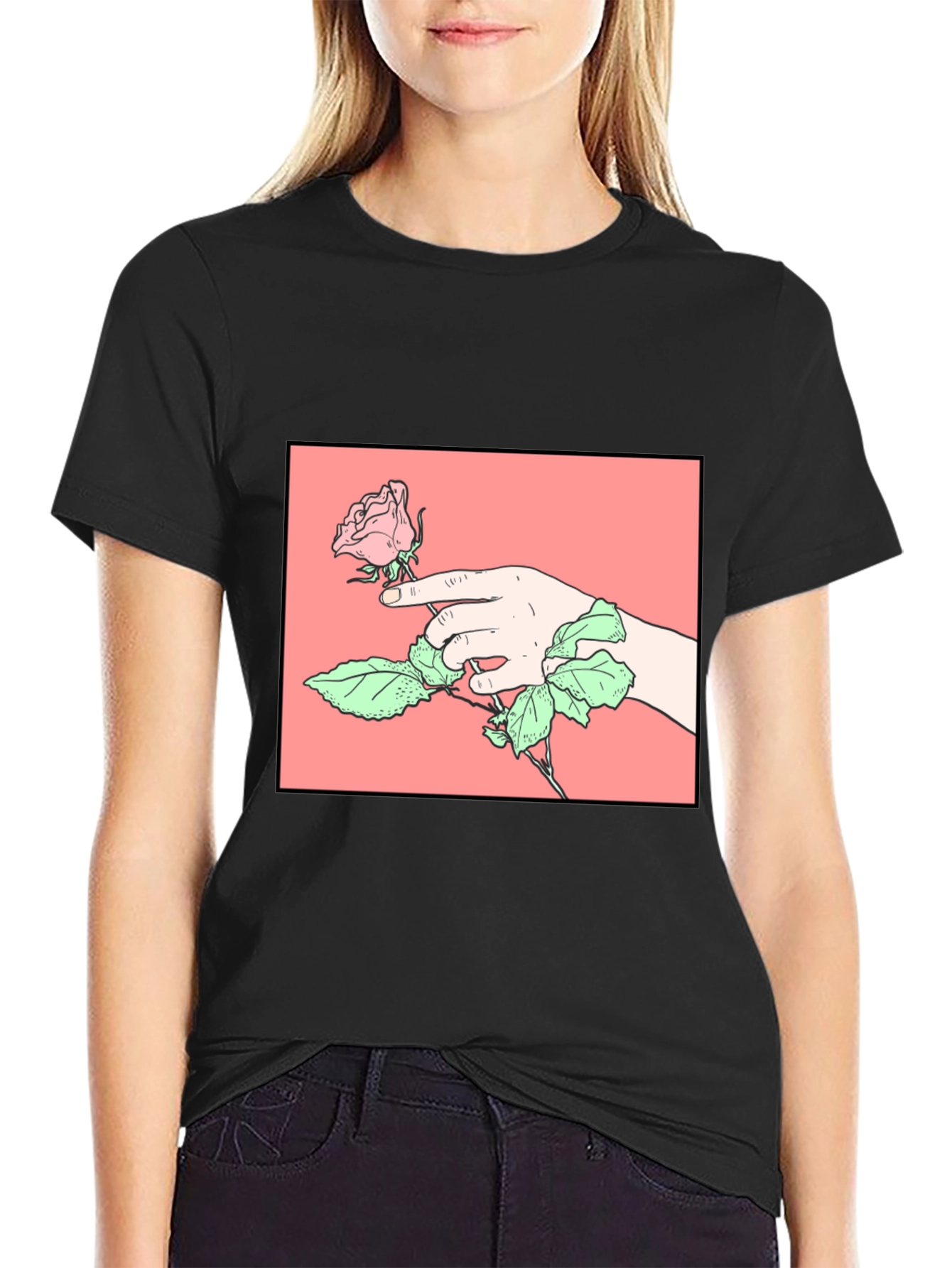 Rose Hand Graphic Tee - Stylish Black Cotton T-Shirt