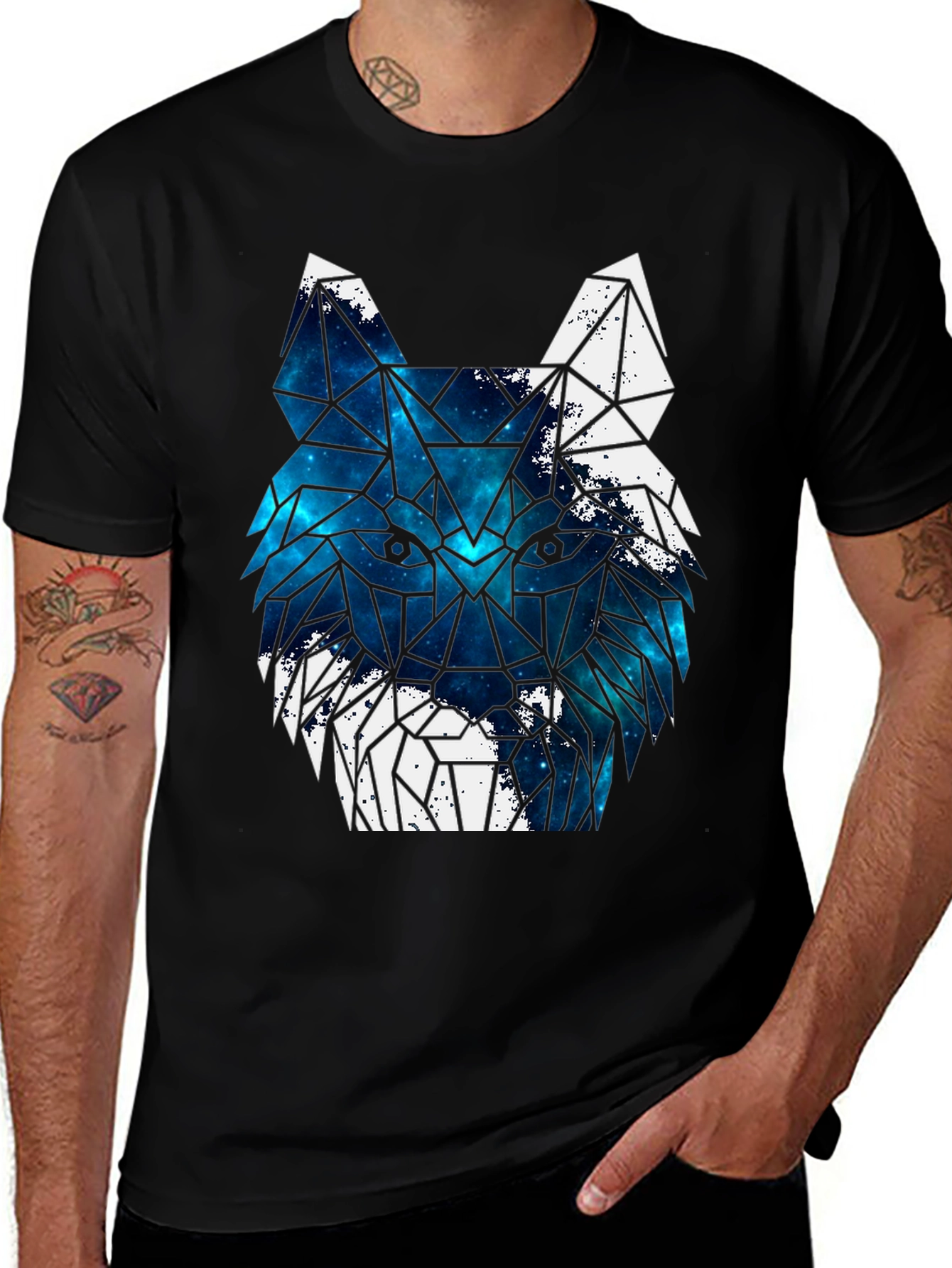 Geometric Galaxy Wolf Graphic Print T-Shirt