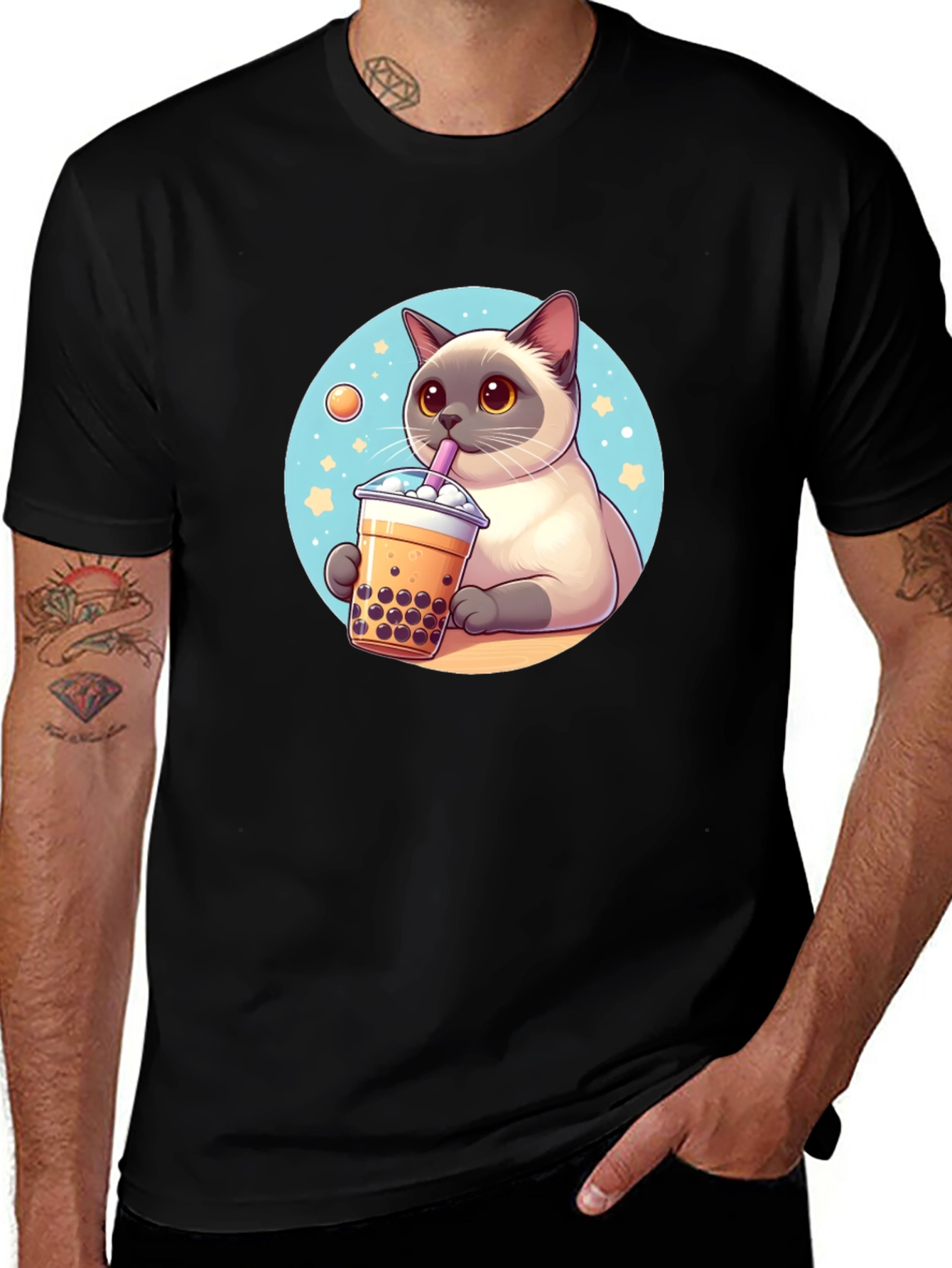 Cute Cartoon Cat Boba Tea Graphic T-Shirt