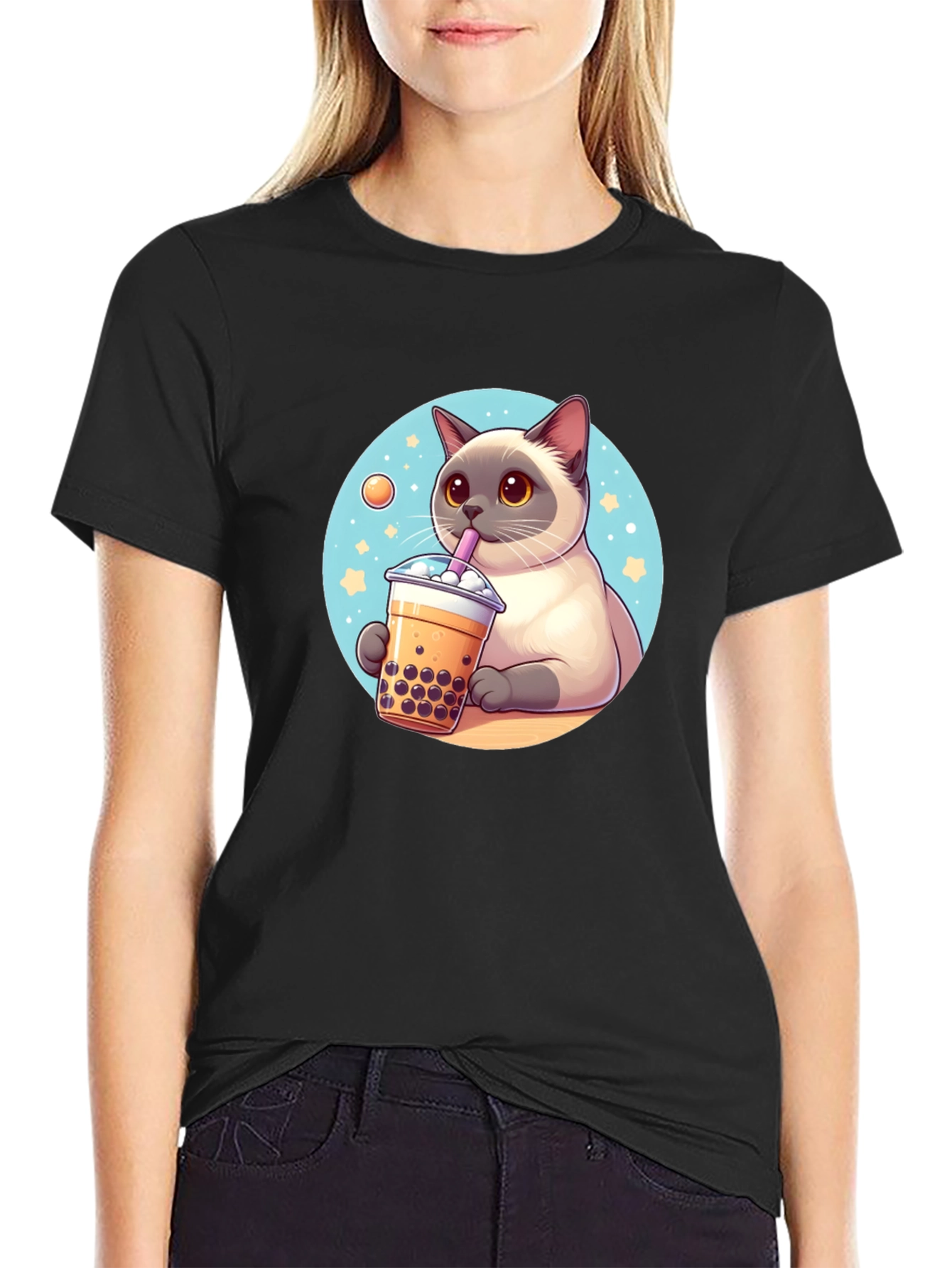 Cute Cartoon Cat Boba Tea Graphic T-Shirt