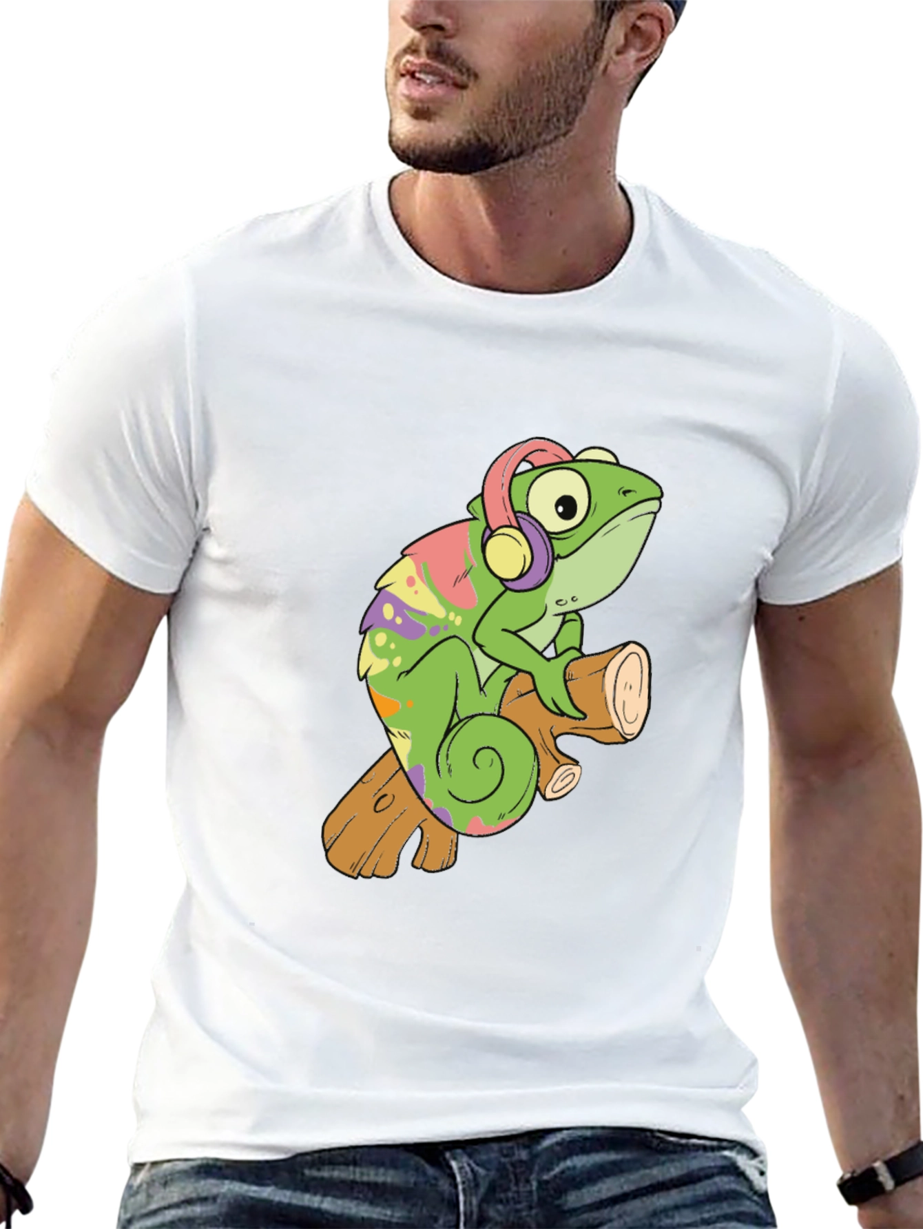 Cartoon Chameleon with Headphones Black T-Shirt