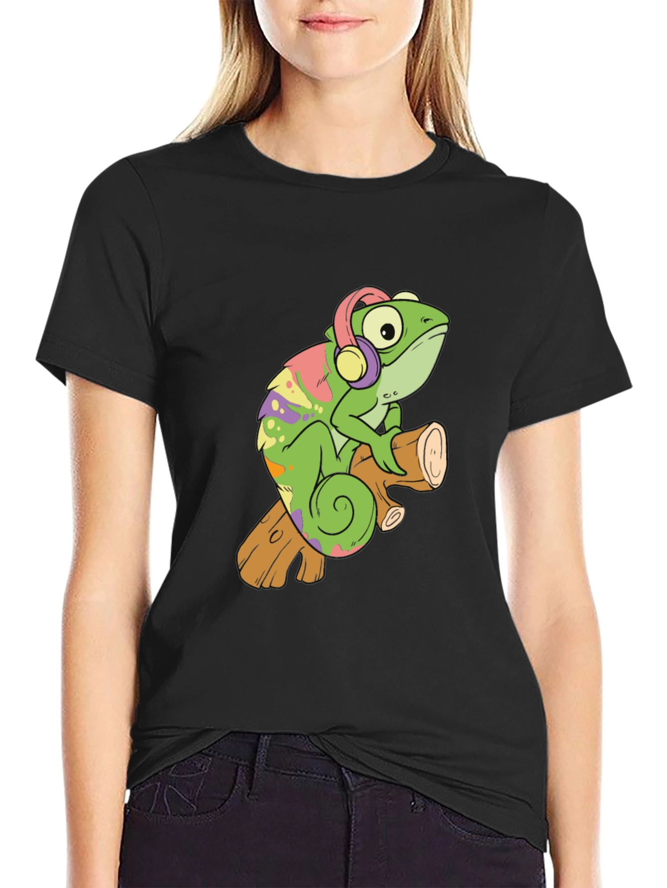 Cartoon Chameleon with Headphones Black T-Shirt
