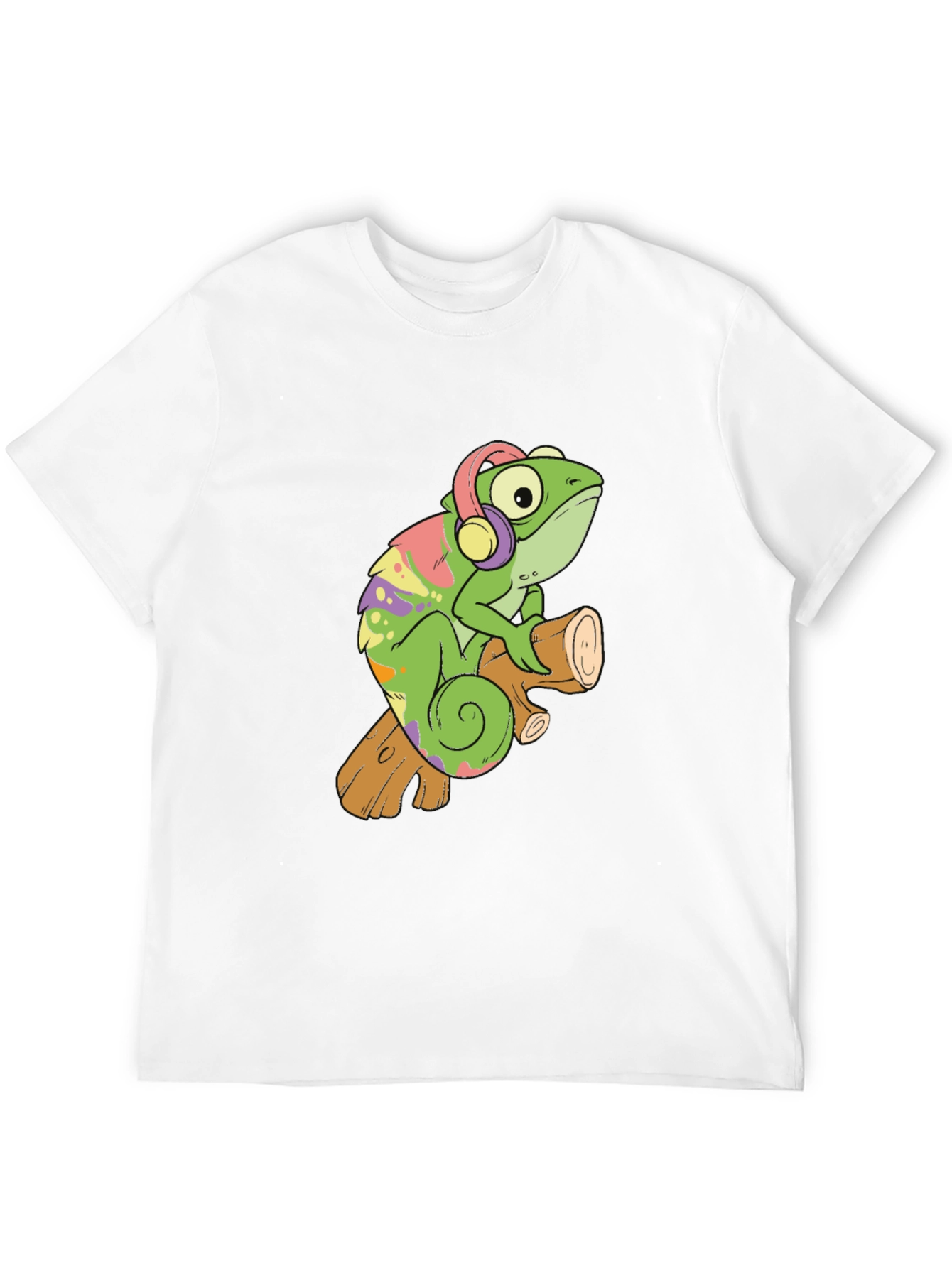 Cartoon Chameleon with Headphones Black T-Shirt