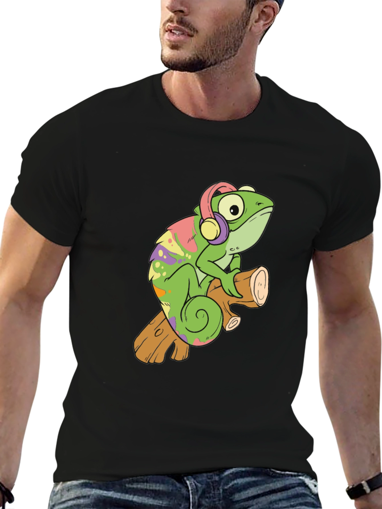 Cartoon Chameleon with Headphones Black T-Shirt