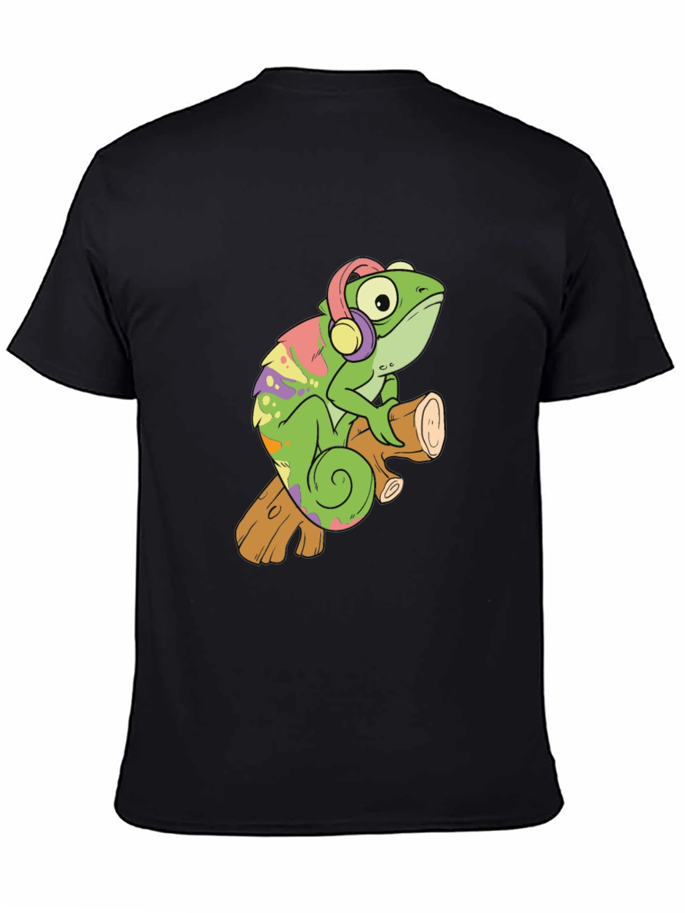 Cartoon Chameleon with Headphones Black T-Shirt