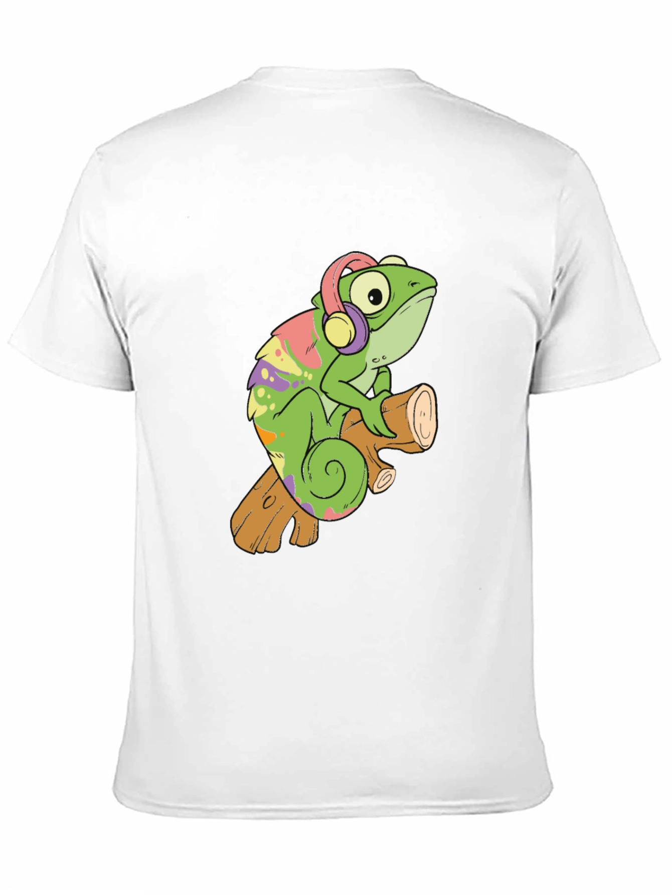 Cartoon Chameleon with Headphones Black T-Shirt