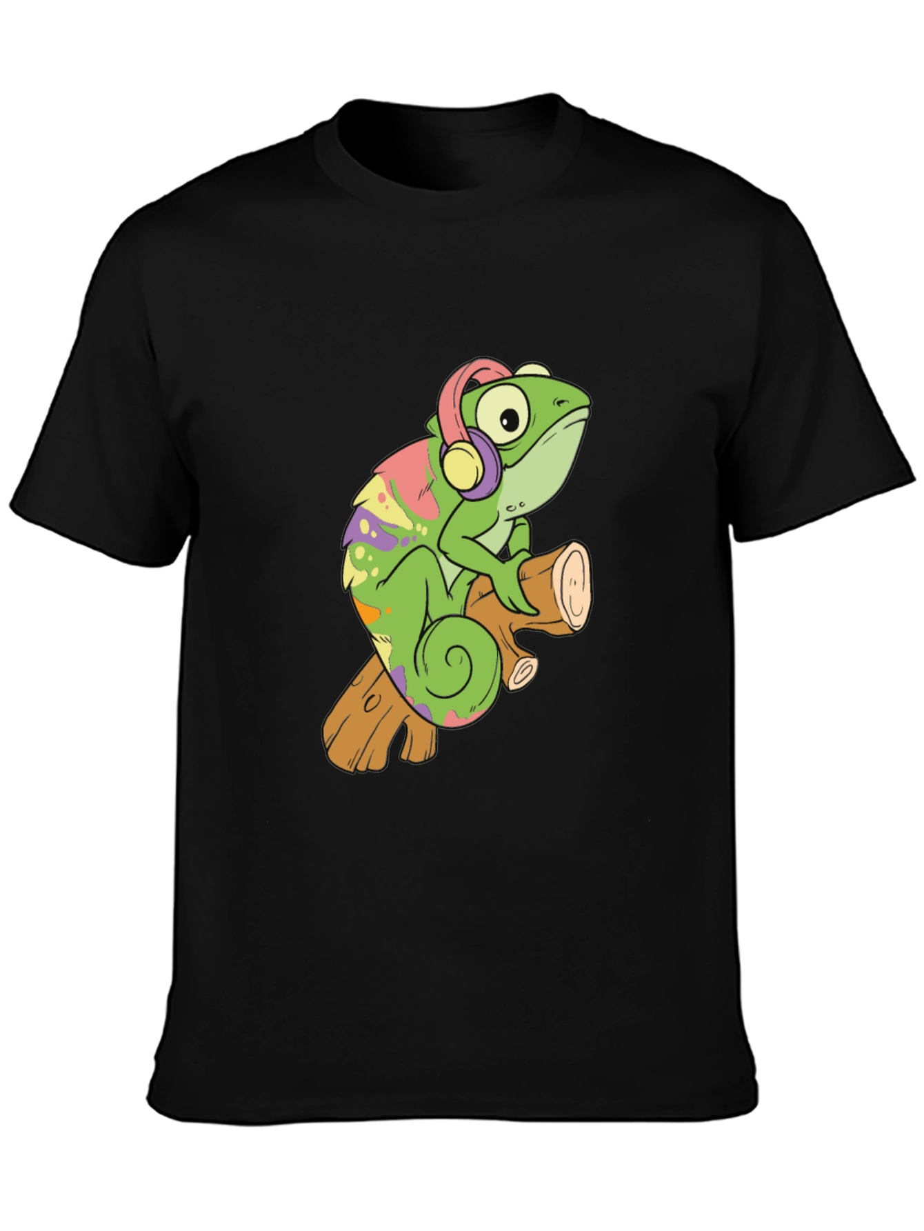 Cartoon Chameleon with Headphones Black T-Shirt