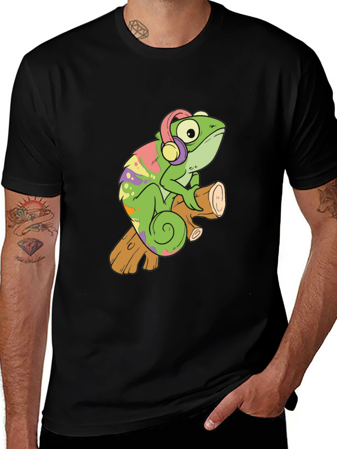 Cartoon Chameleon with Headphones Black T-Shirt