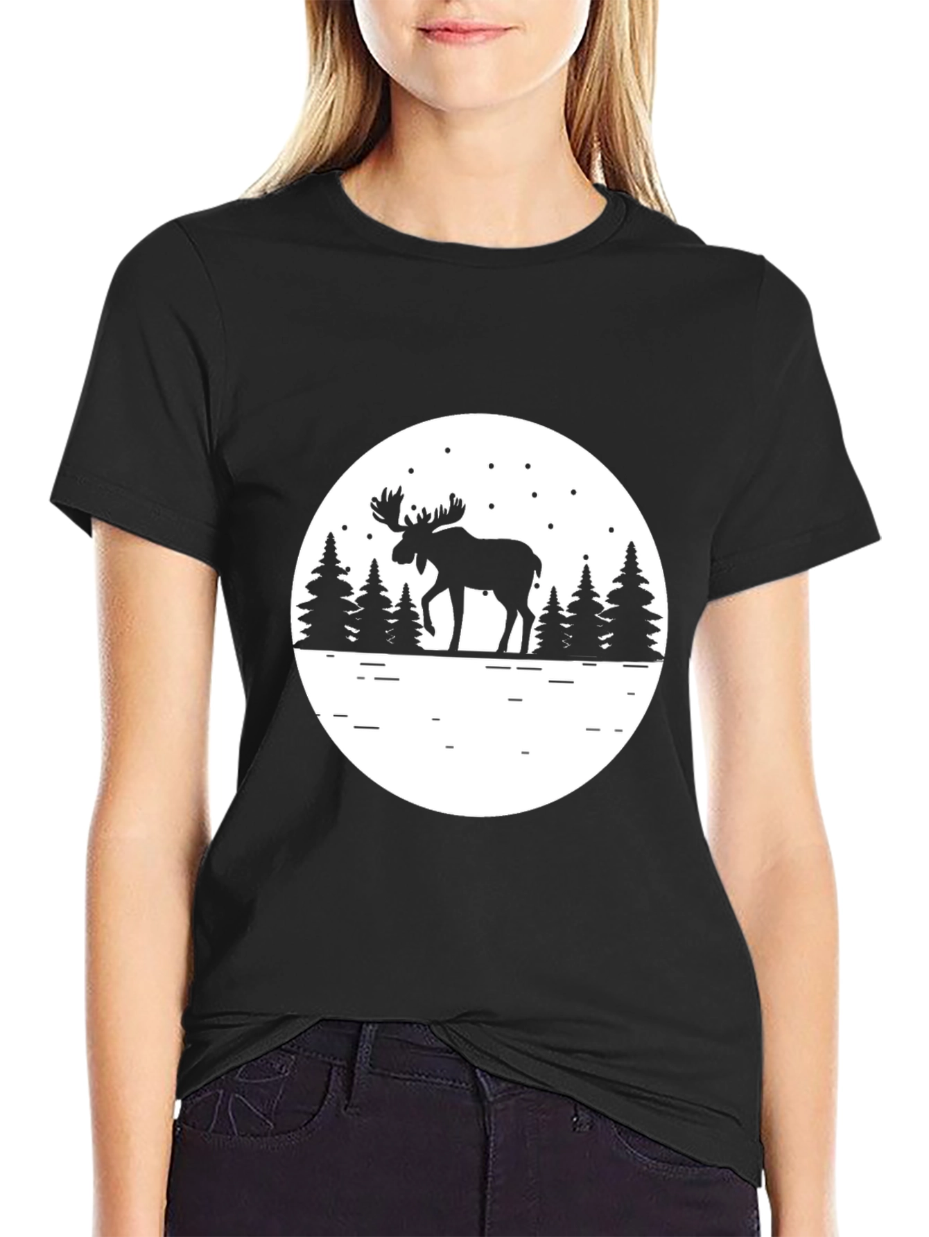 Moose Silhouette Graphic Tee - Black Cotton Comfort