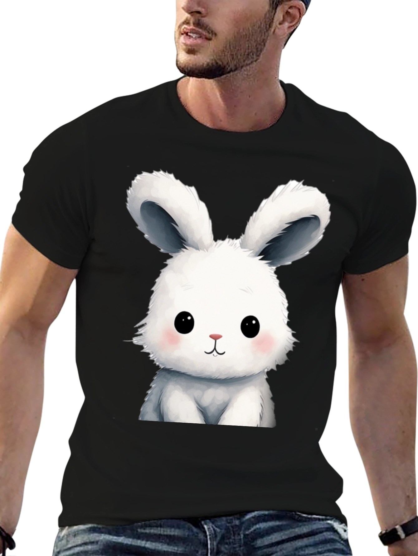 Cute Cartoon Bunny Black T-Shirt