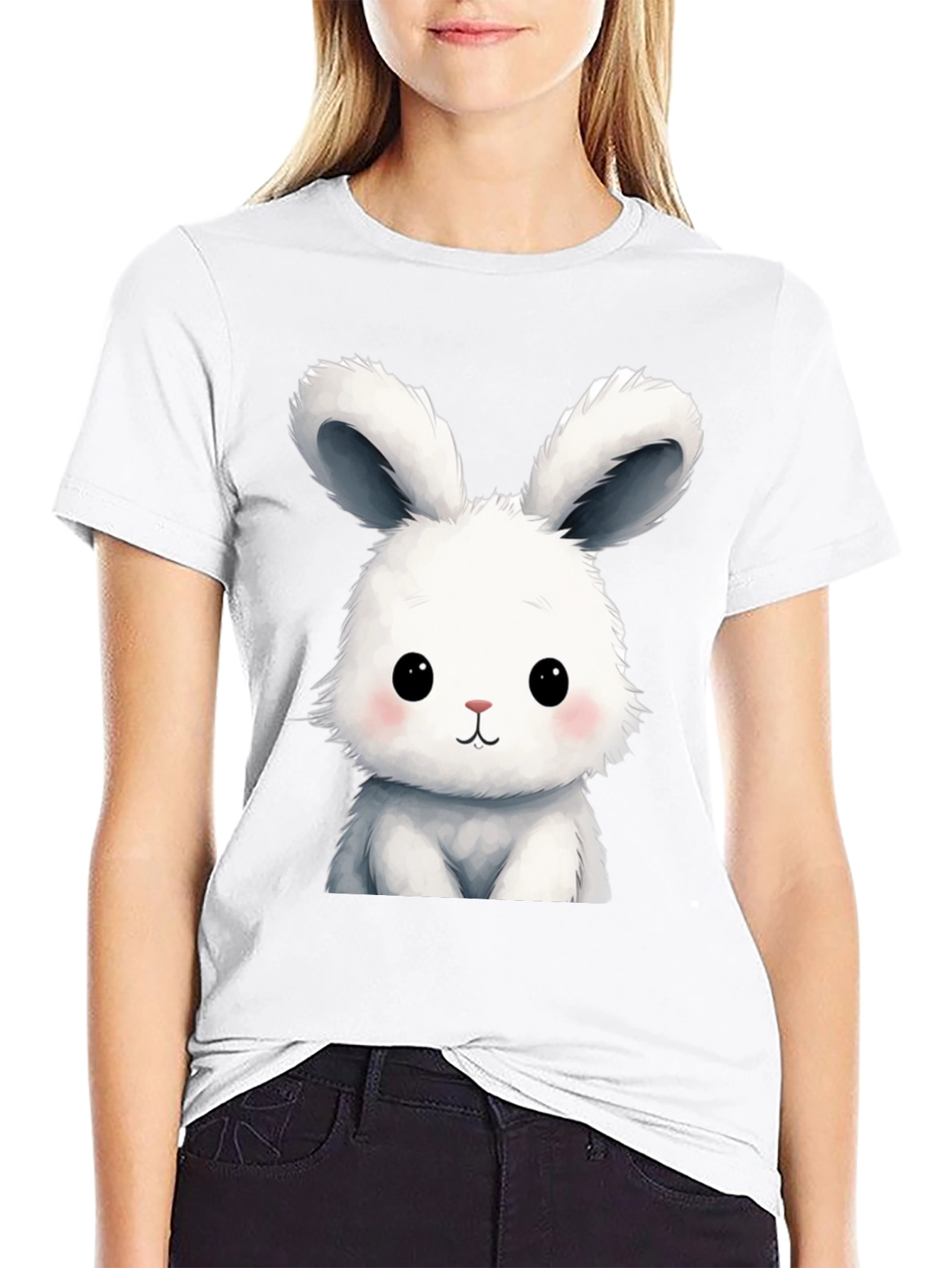 Cute Cartoon Bunny Black T-Shirt