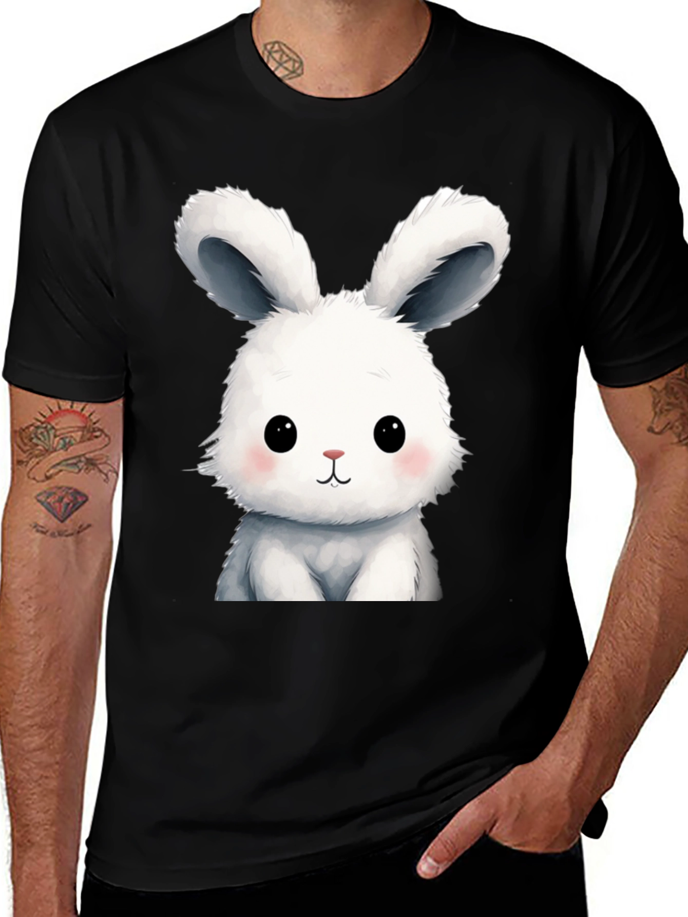 Cute Cartoon Bunny Black T-Shirt