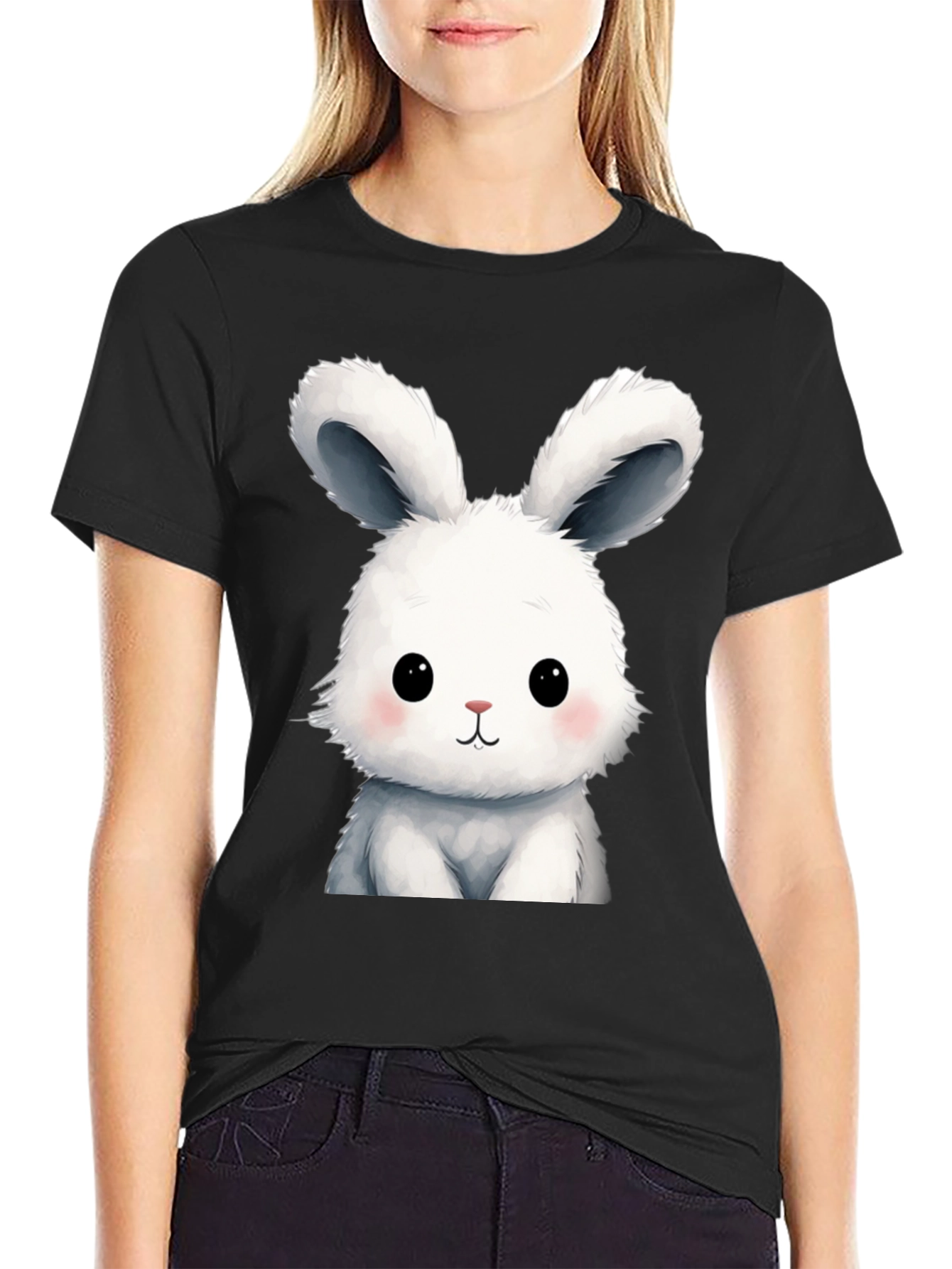 Cute Cartoon Bunny Black T-Shirt