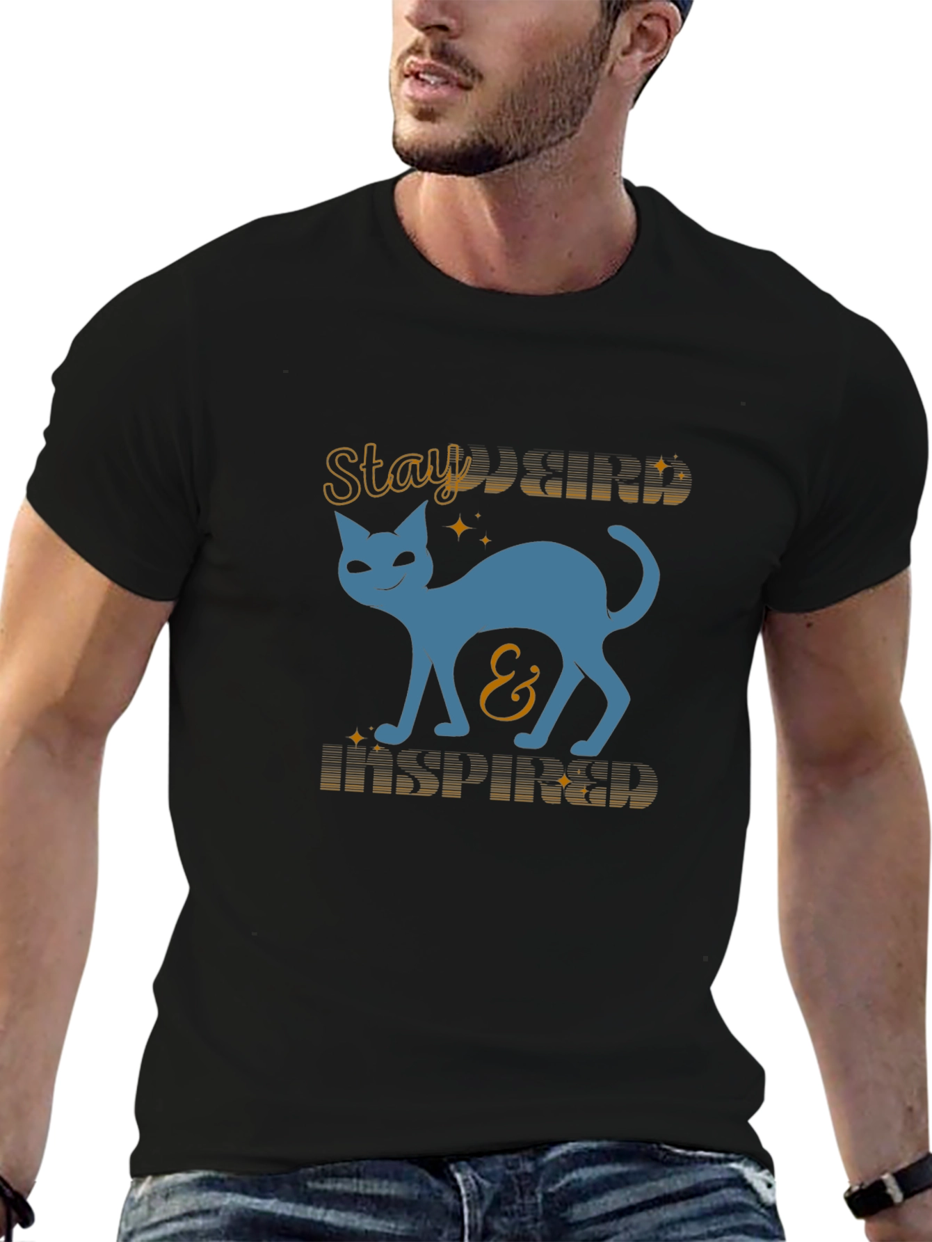 Stay Kind and Inspired Cat Graphic Tee - Black