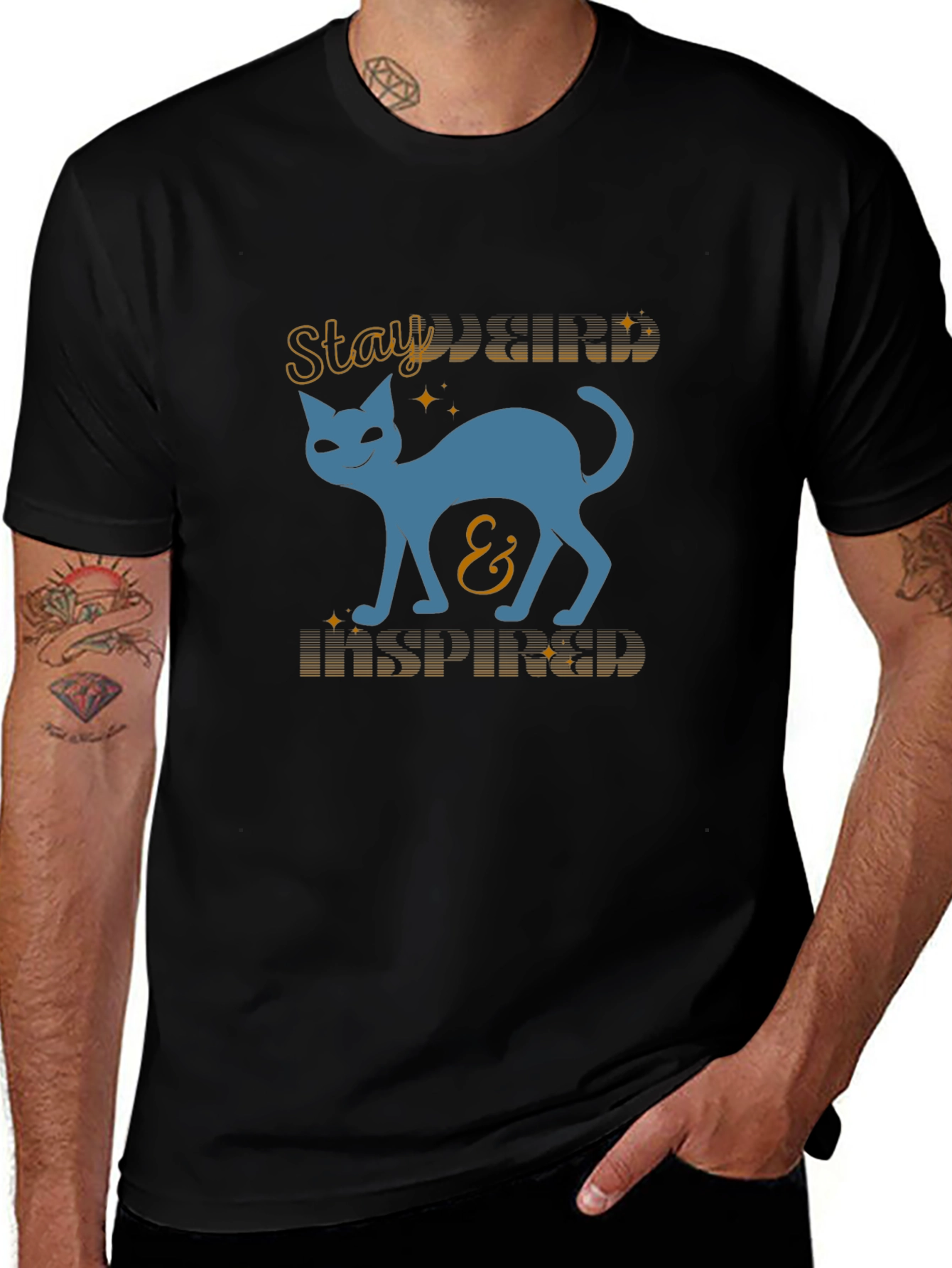 Stay Kind and Inspired Cat Graphic Tee - Black