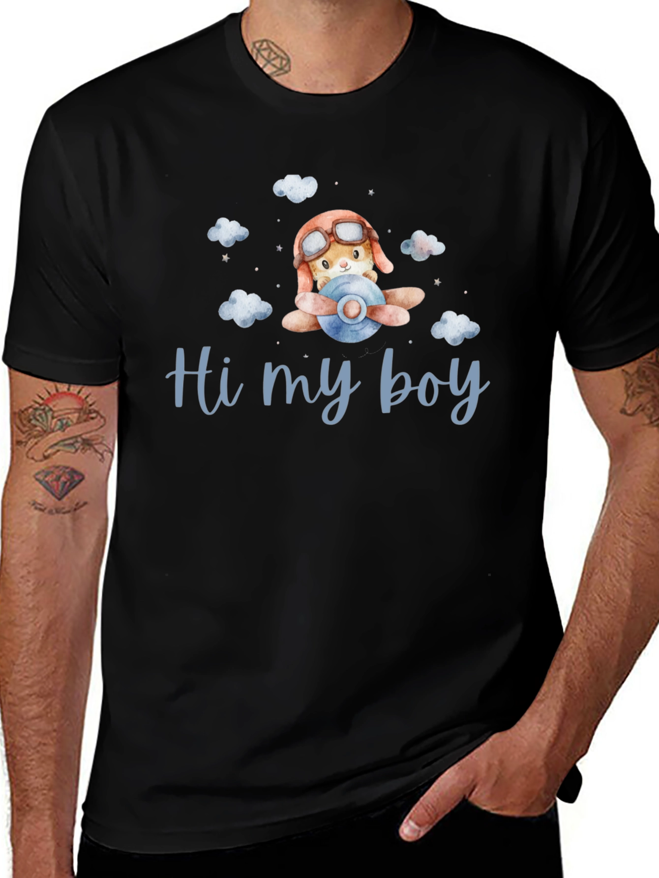 Cute Aviator Bunny Hi my boy Black T-Shirt