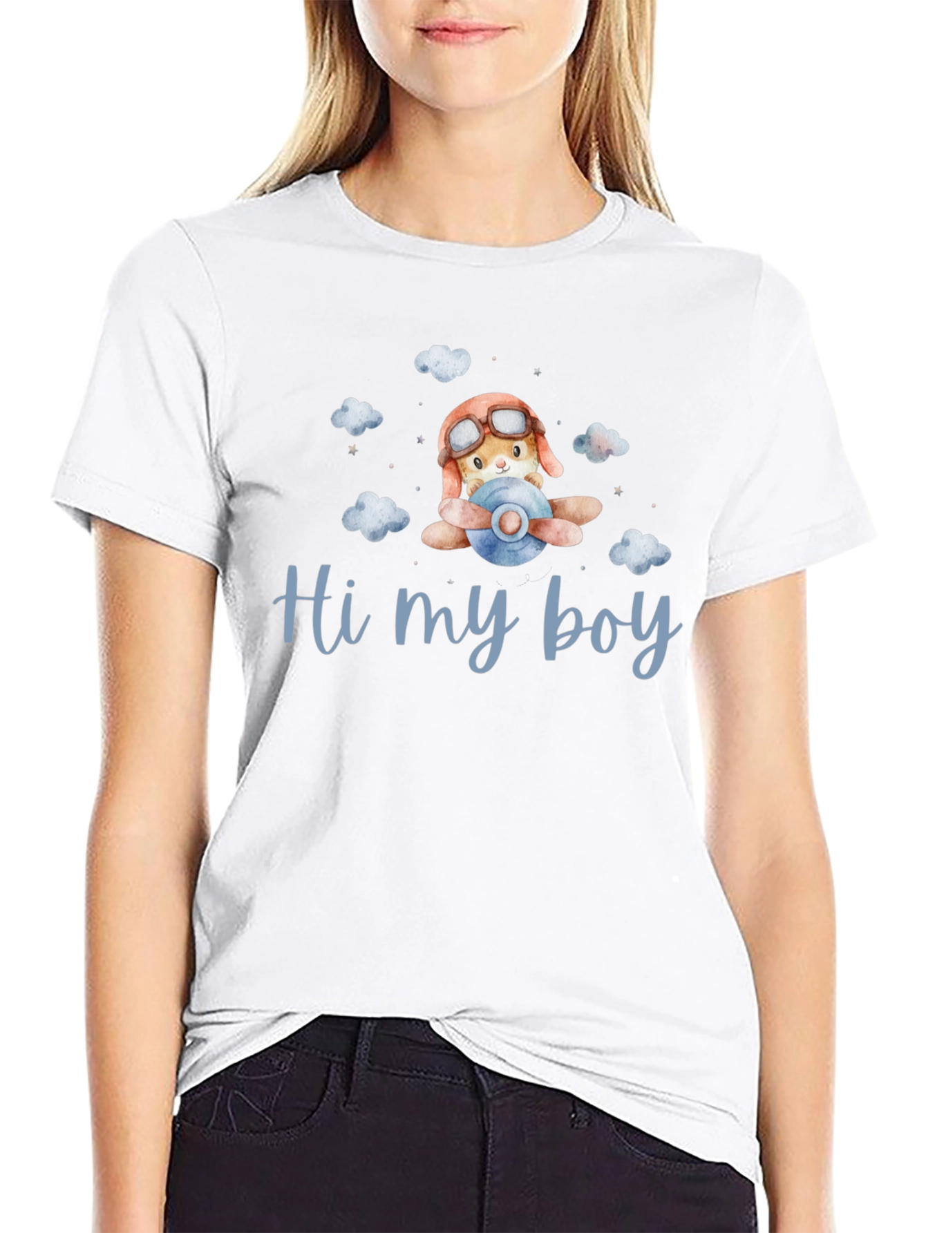 Cute Aviator Bunny Hi my boy Black T-Shirt