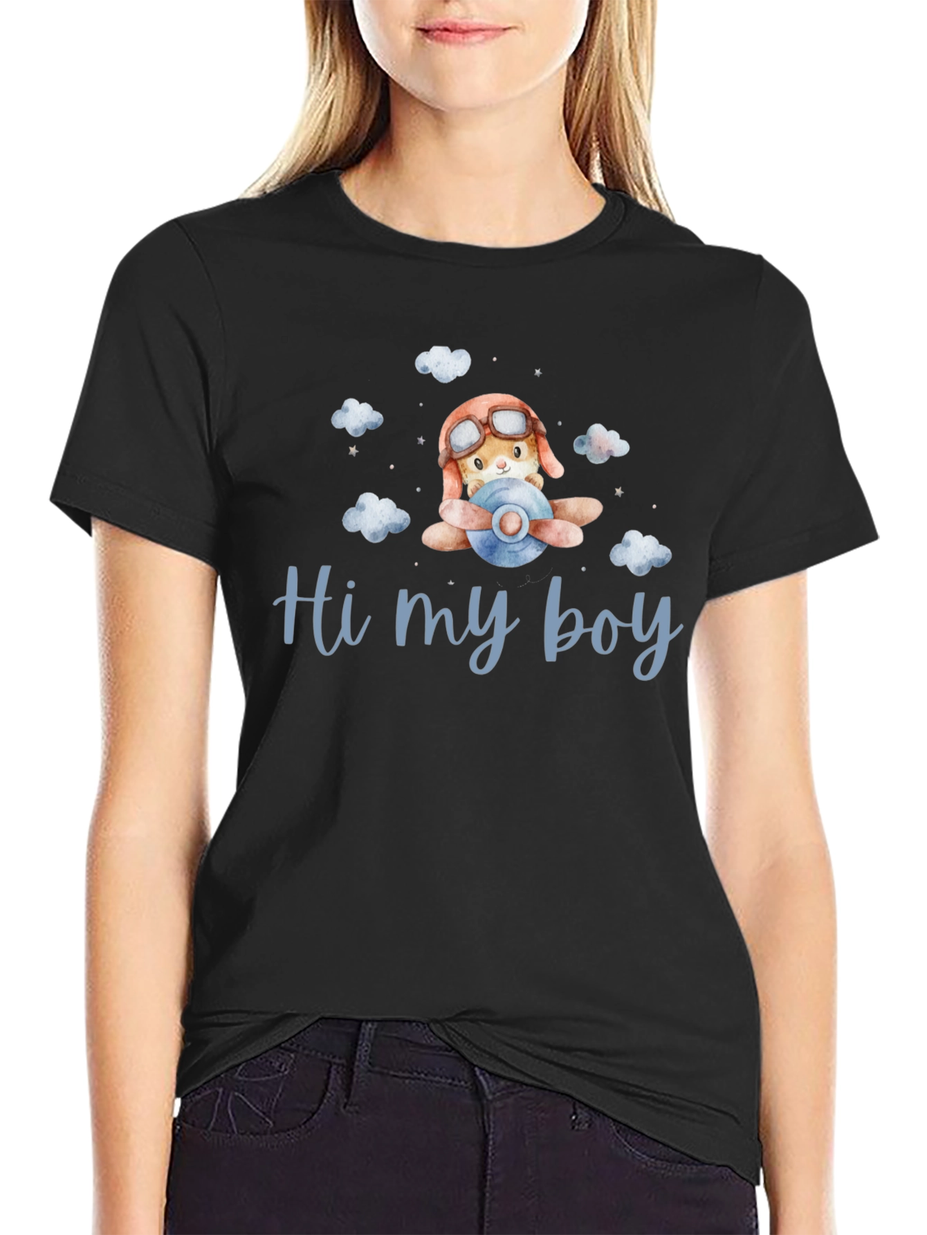 Cute Aviator Bunny Hi my boy Black T-Shirt