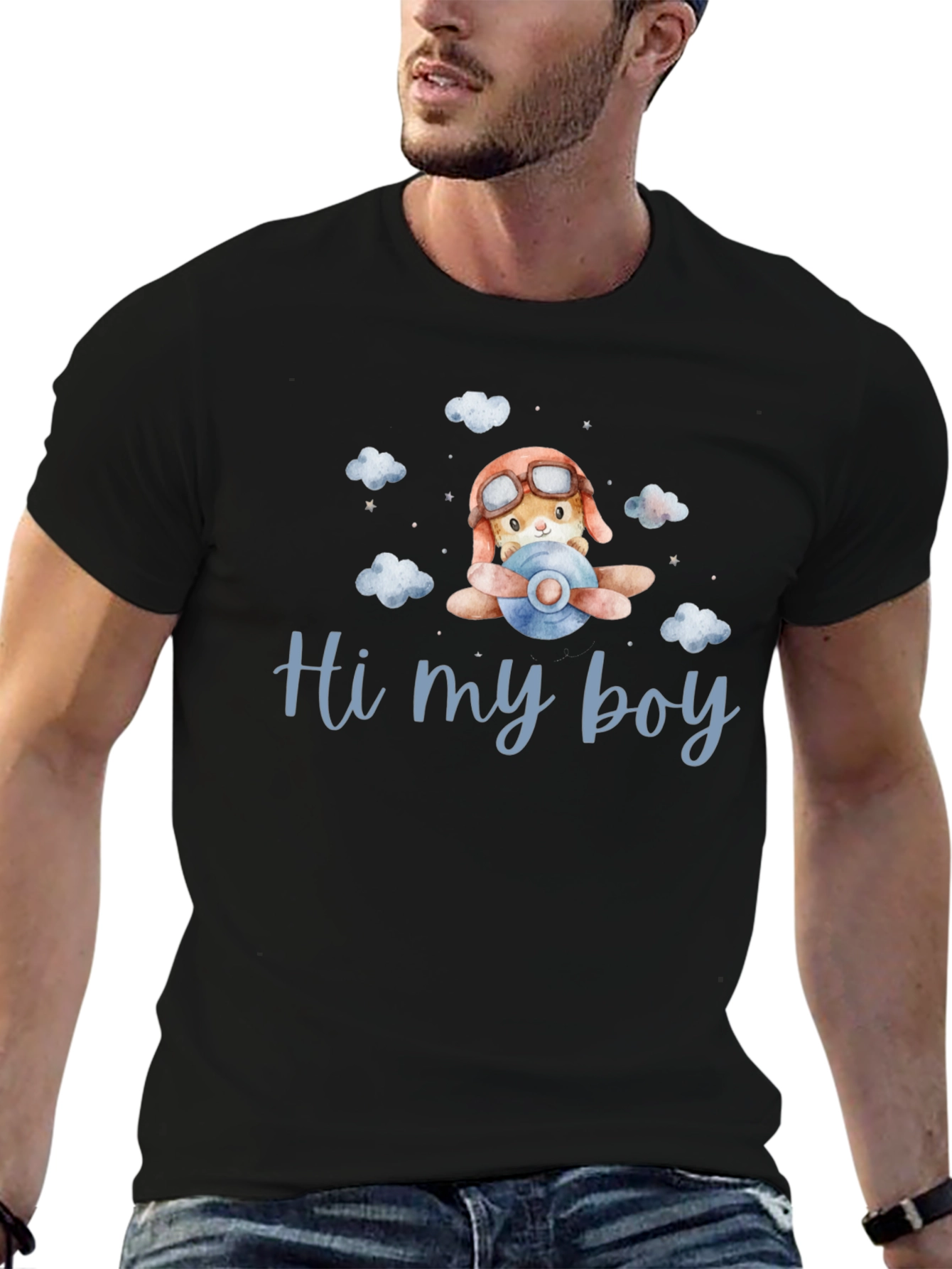 Cute Aviator Bunny Hi my boy Black T-Shirt