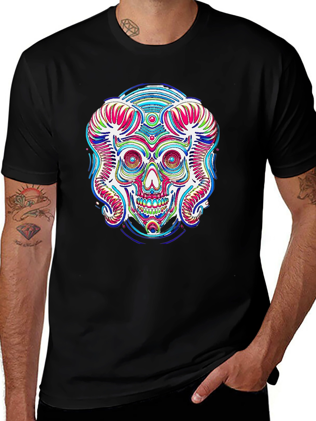 Psychedelic Skull Graphic Print Black Tee