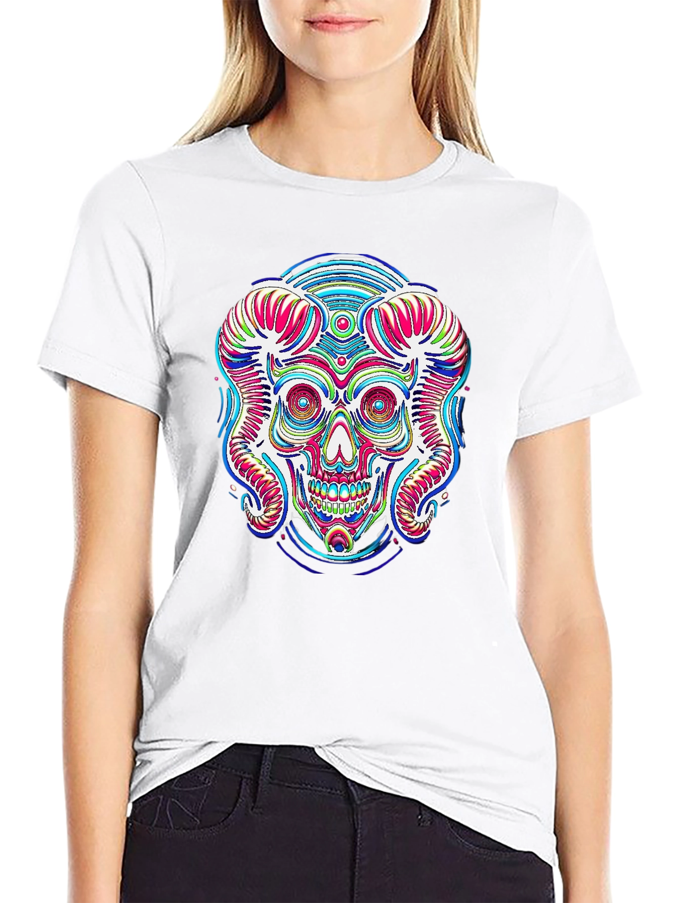 Psychedelic Skull Graphic Print Black Tee