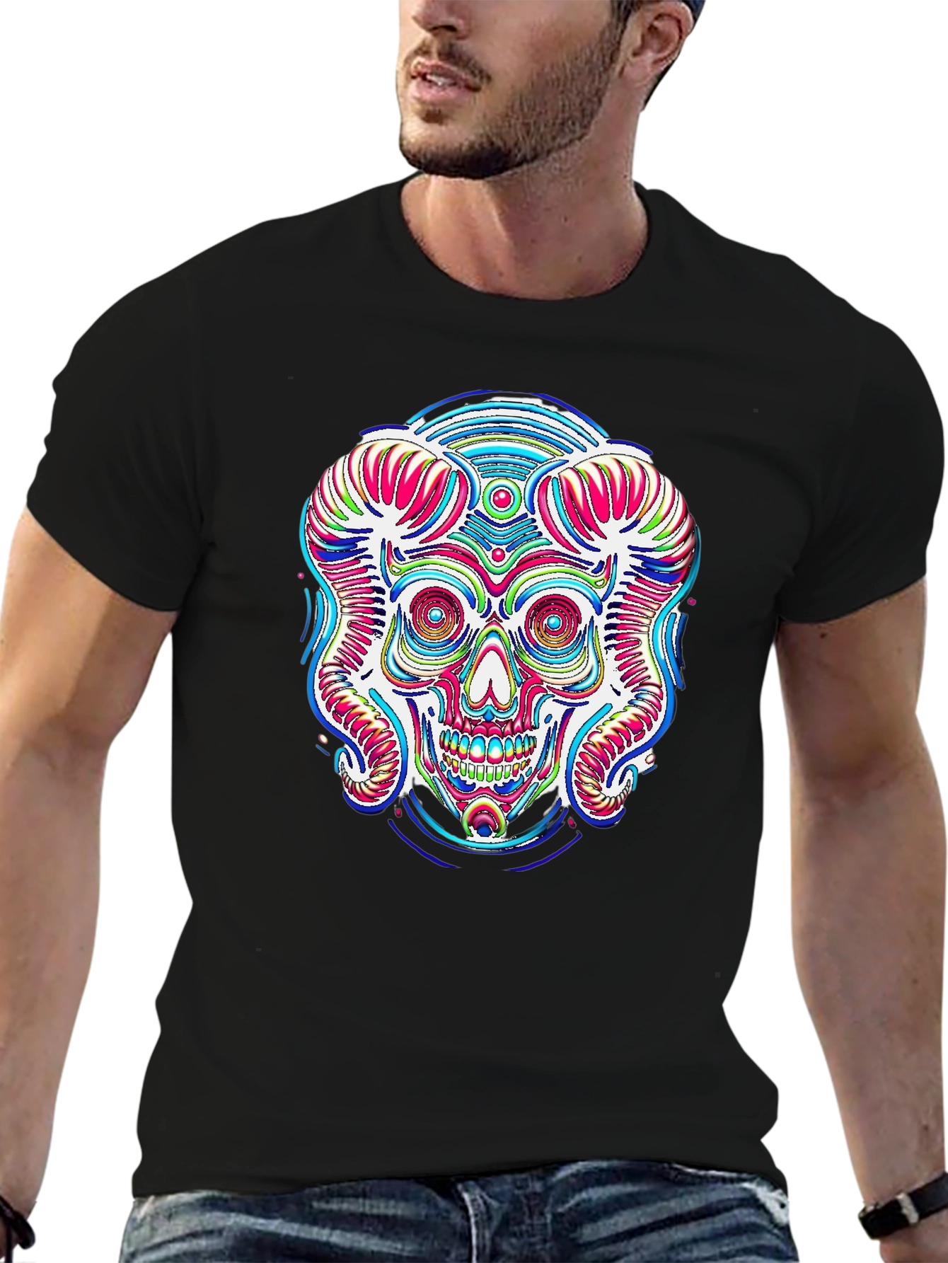 Psychedelic Skull Graphic Print Black Tee