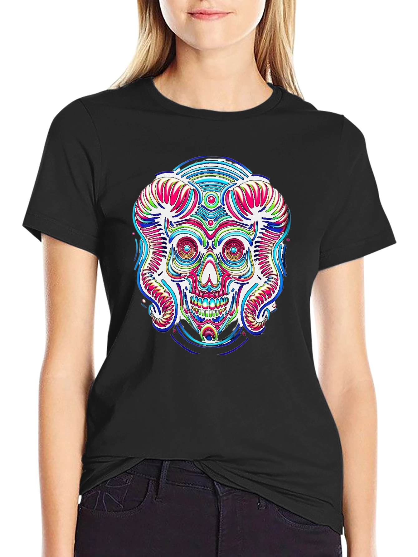 Psychedelic Skull Graphic Print Black Tee