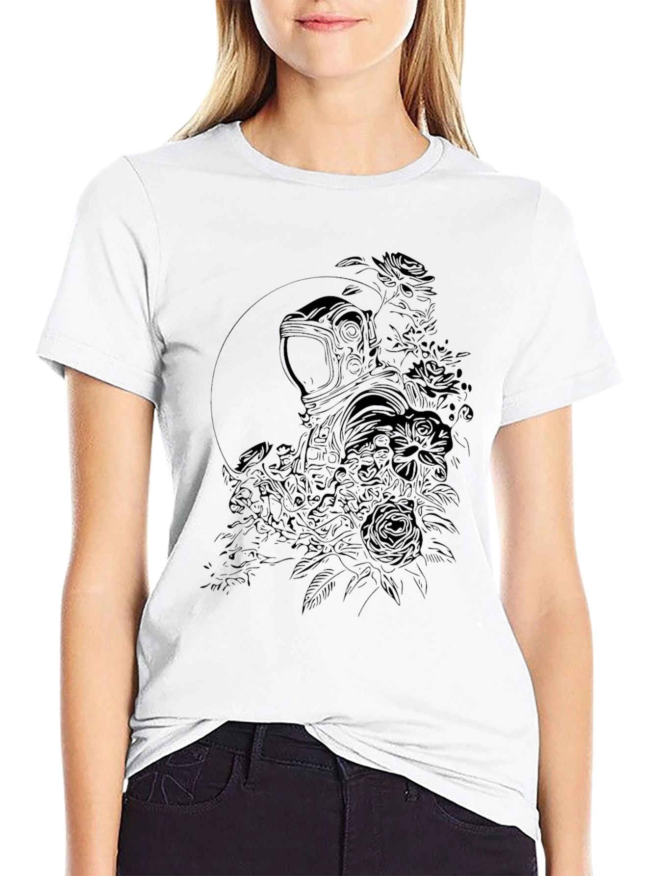 Floral Astronaut Graphic Black T-Shirt