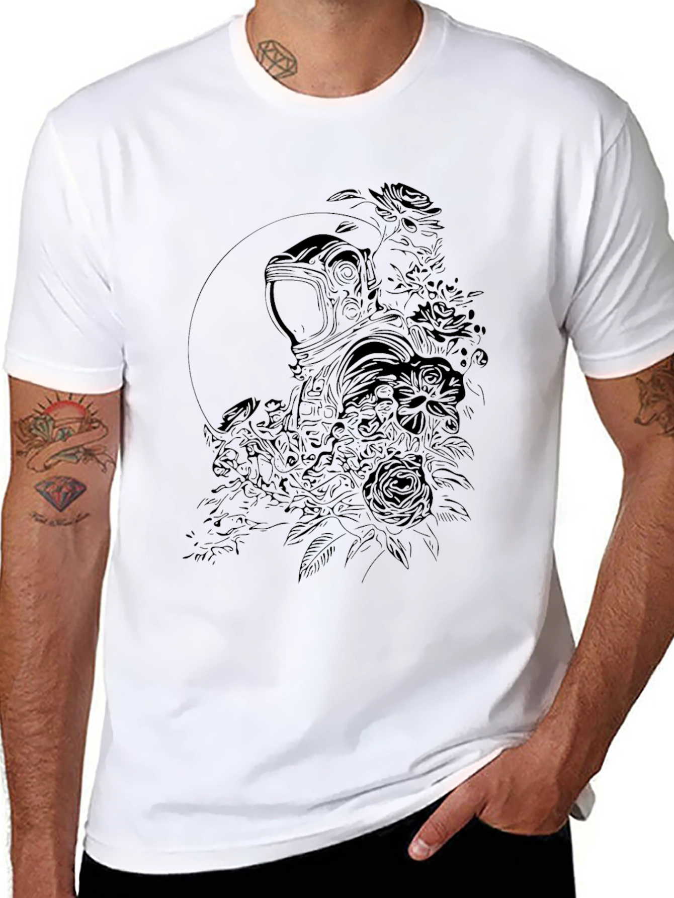 Floral Astronaut Graphic Black T-Shirt