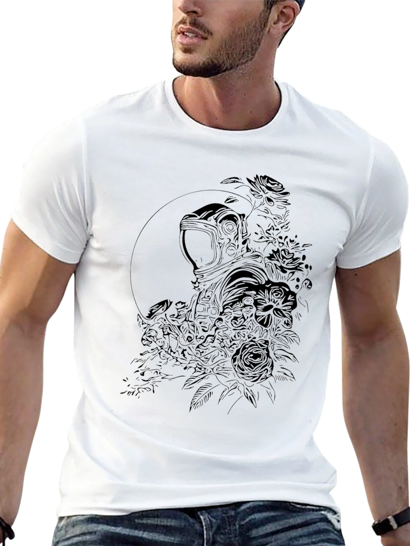 Floral Astronaut Graphic Black T-Shirt