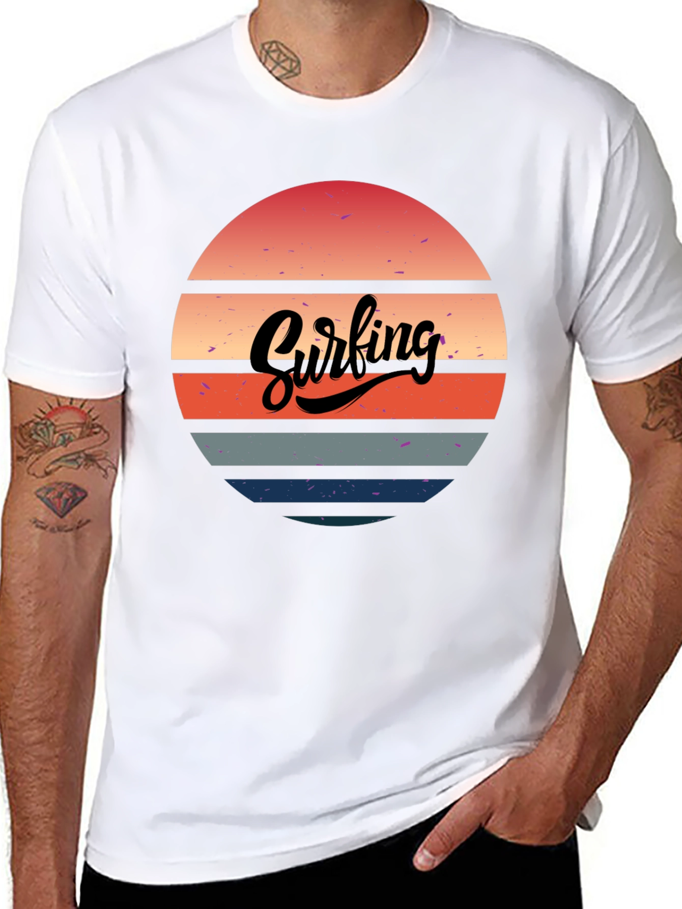Retro Surfing Sunset Graphic Tee - Black