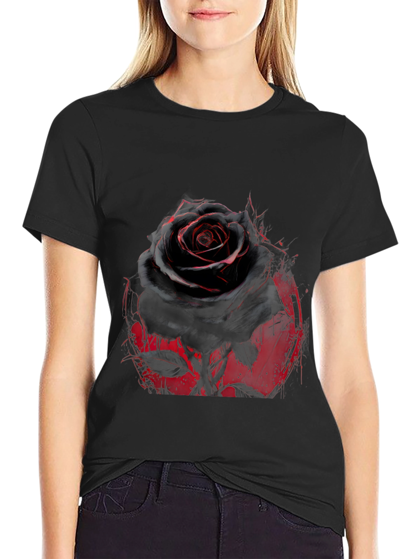 Black Rose Graphic T-Shirt - Edgy Floral Print