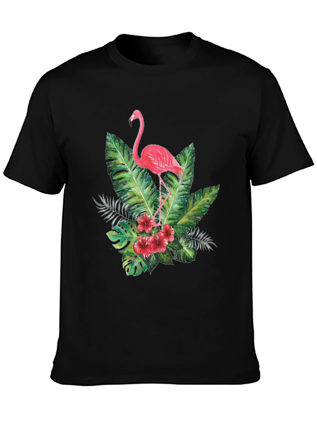 Tropical Flamingo Graphic Tee - Black Cotton T-Shirt