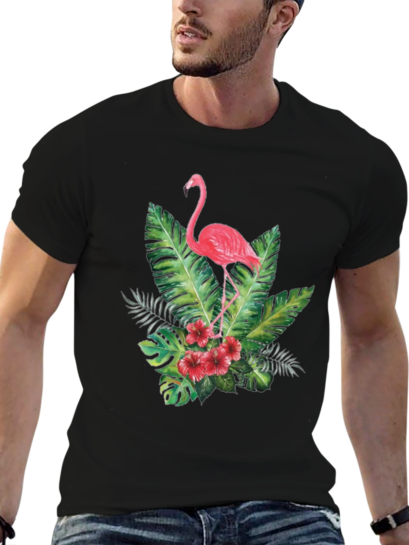Tropical Flamingo Graphic Tee - Black Cotton T-Shirt