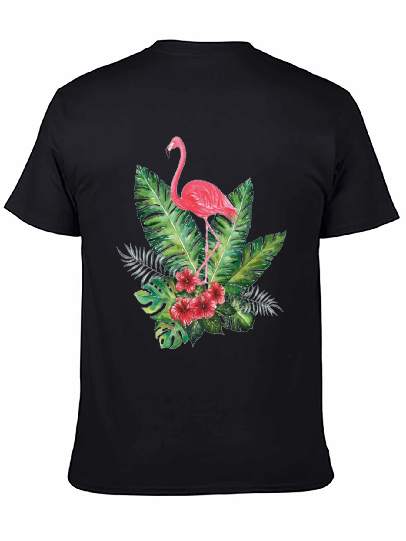 Tropical Flamingo Graphic Tee - Black Cotton T-Shirt