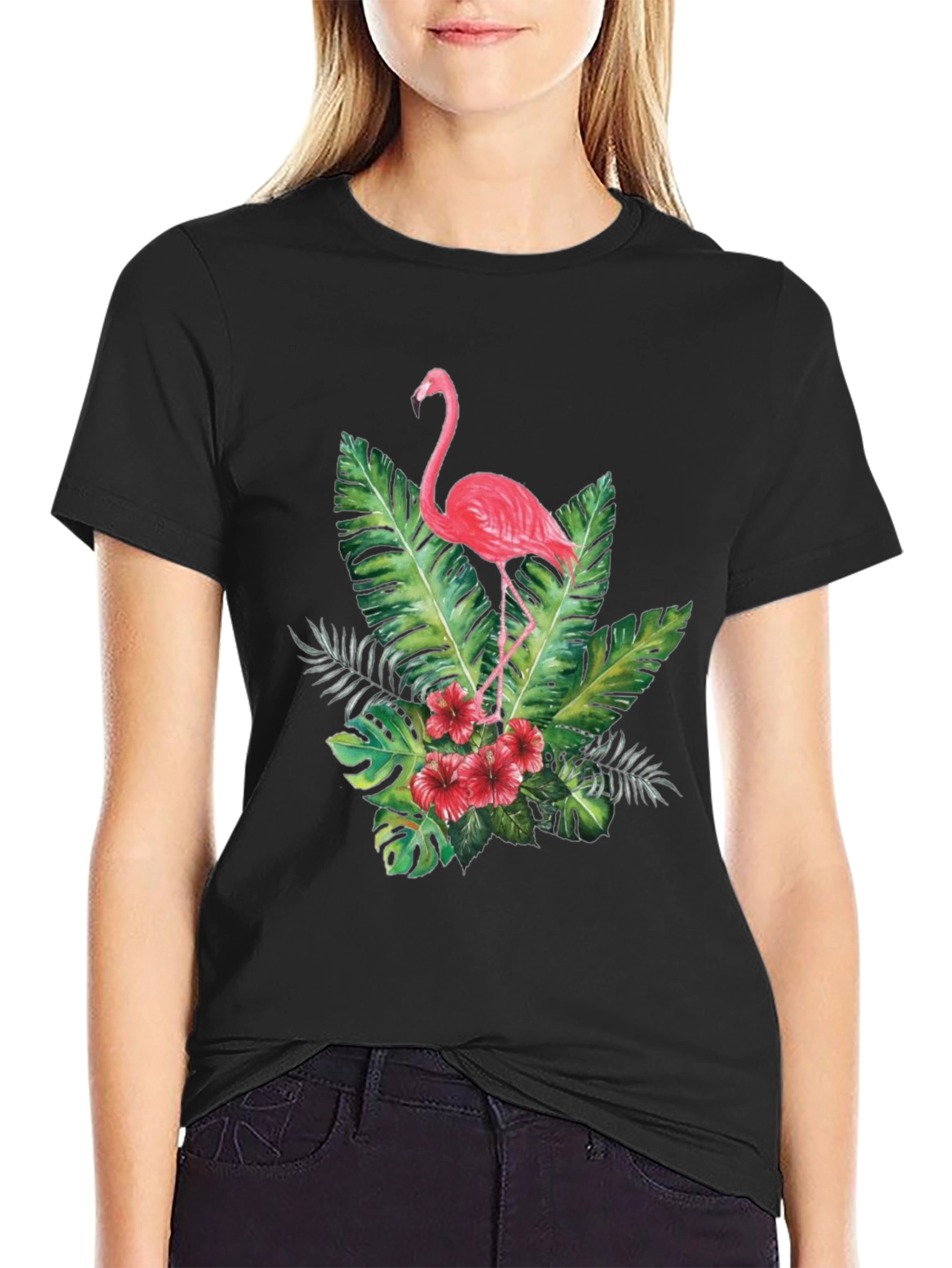 Tropical Flamingo Graphic Tee - Black Cotton T-Shirt