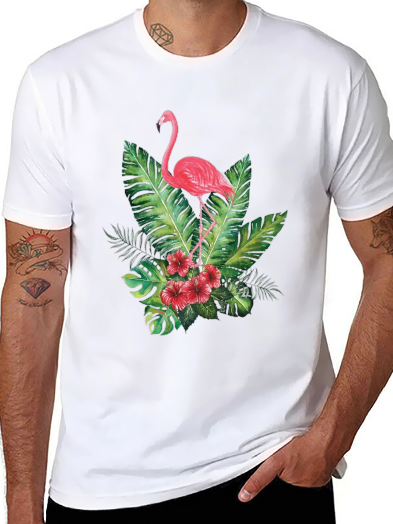 Tropical Flamingo Graphic Tee - Black Cotton T-Shirt